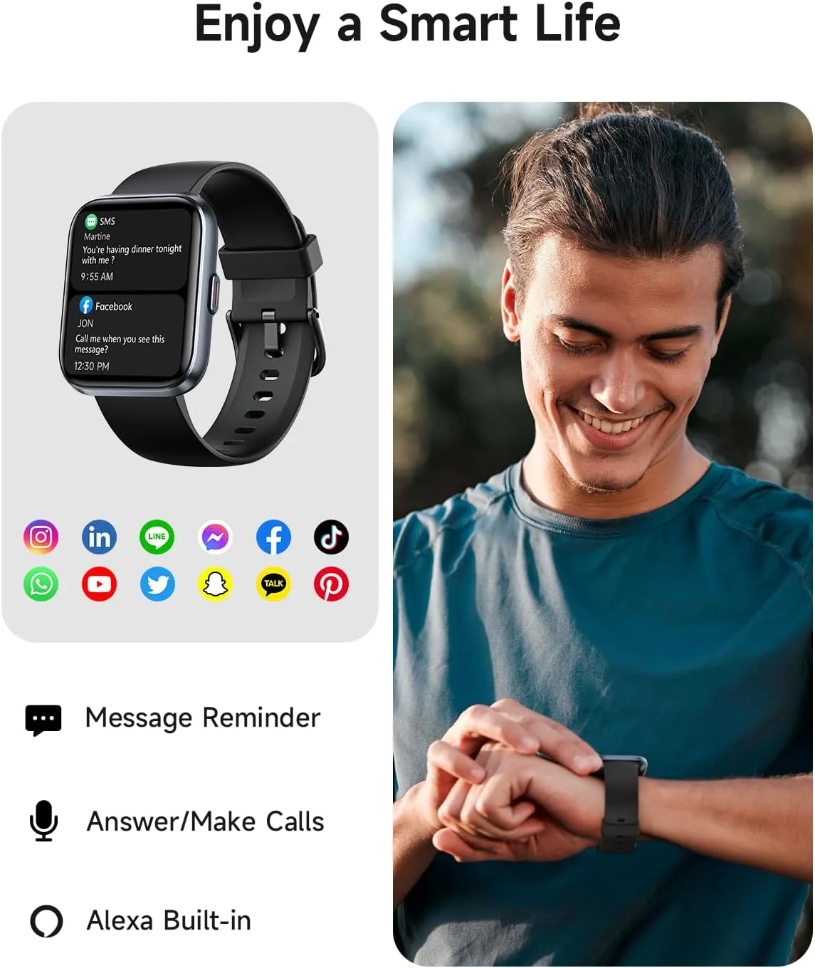 Woneligo Smart Watch for Women, Answer/Make Calls, Alexa Built-in, 1.85" Touch Screen Fitness Tracker for Android & iPhone, Heart Rate/Sleep/SpO2 Monitor Smartwatch, Waterproof (Black)