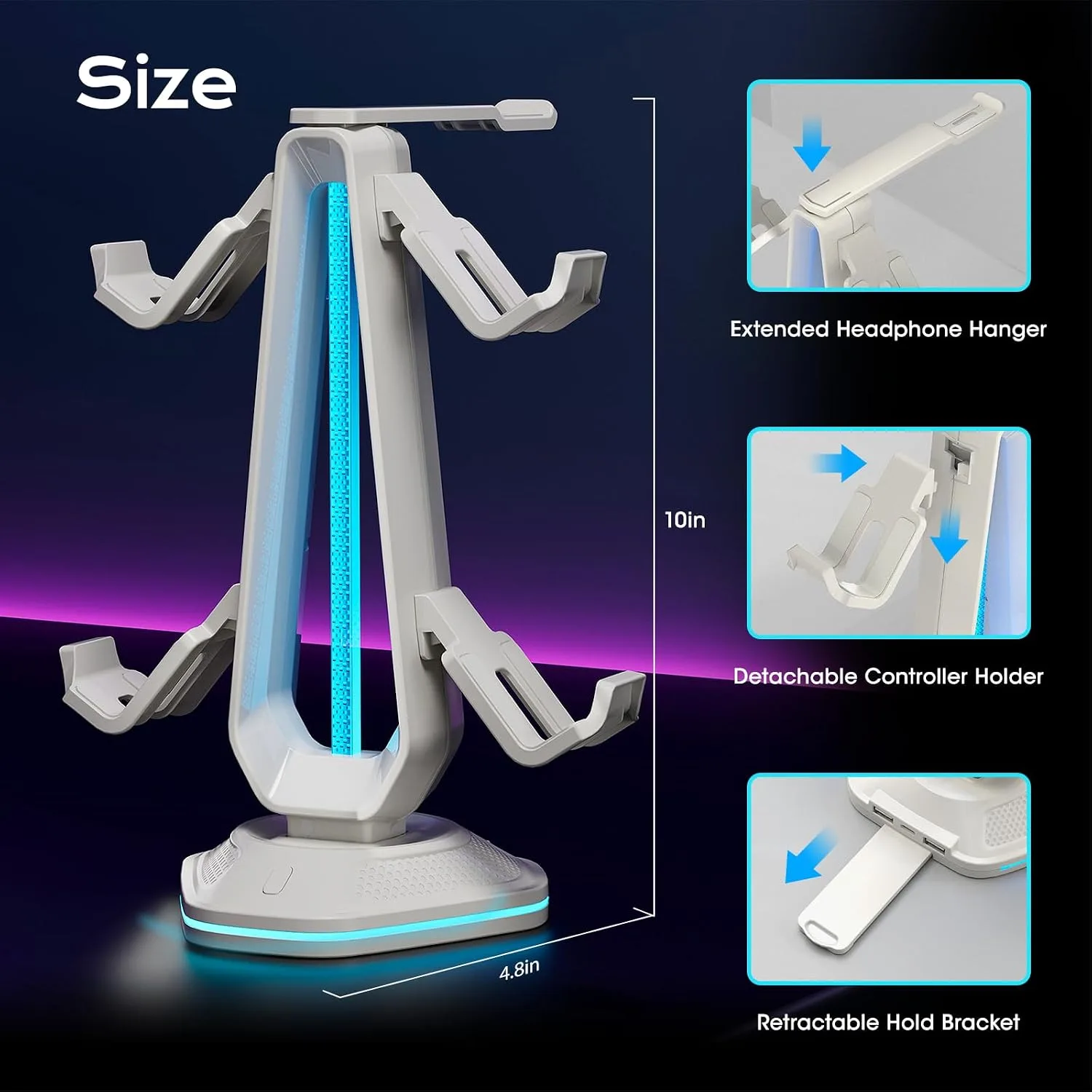 Saitake RGB Controller Stand with 9 Light Modes,Controller Holder with 2 USB Ports,Headphone Holder Suitable for All Headphones and Controller (White)