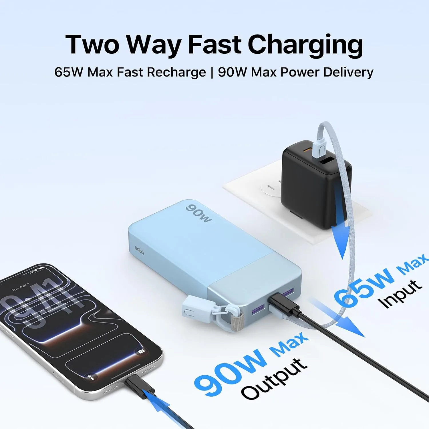 NOBIS Portable Charger 20000mAh 90W Power Bank w/Detachable Cable