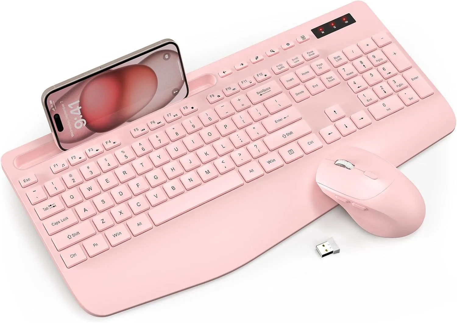 Wireless Keyboard and Mouse Combo - Full-Sized Ergonomic Keyboard with Wrist Rest, Phone Holder, Sleep Mode, Silent 2.4GHz Cordless Keyboard Mouse Combo for Computer, PC, Laptop, Mac, Windows -Trueque