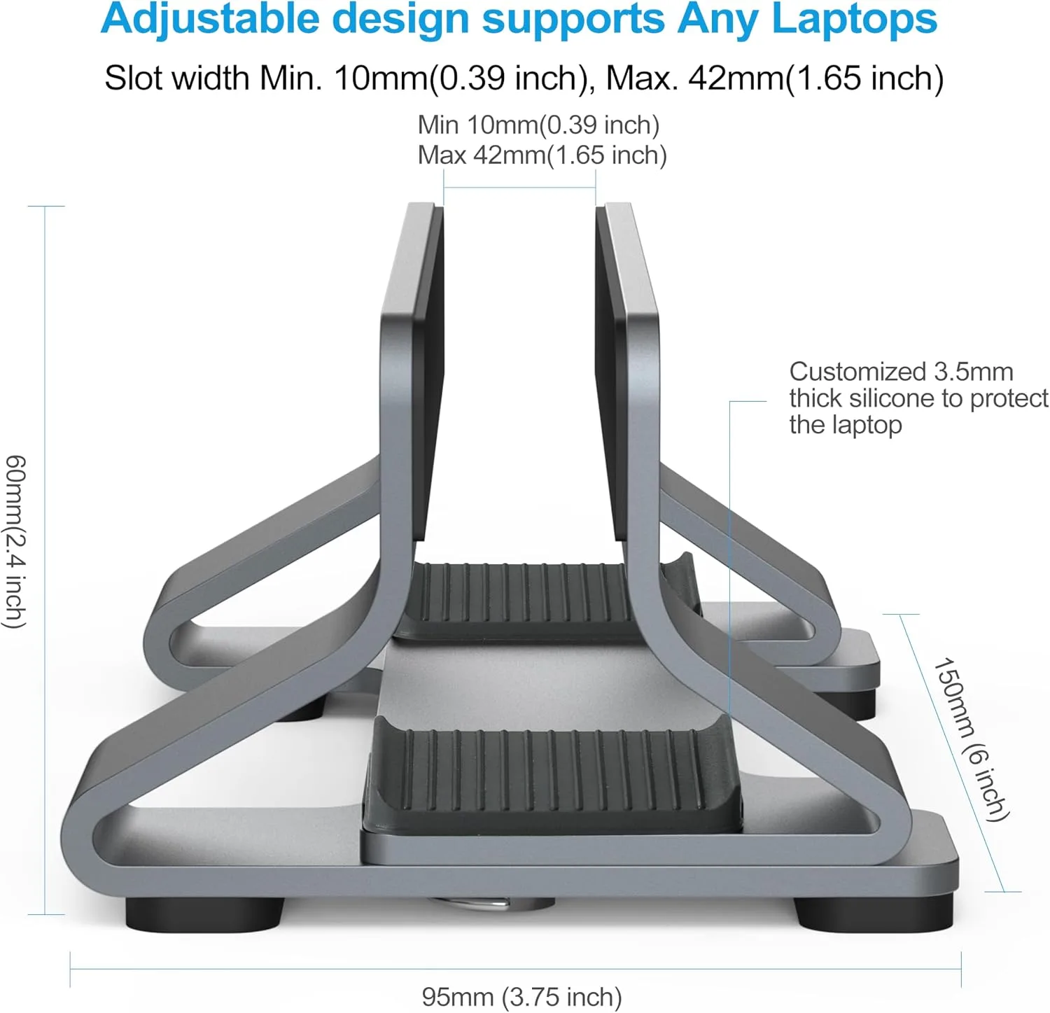 Aluminum Vertical Laptop Stand Dock Holder, Adjustable Slot Width 12-42mm, Space-Saving Upright Storage for MacBook and Laptops