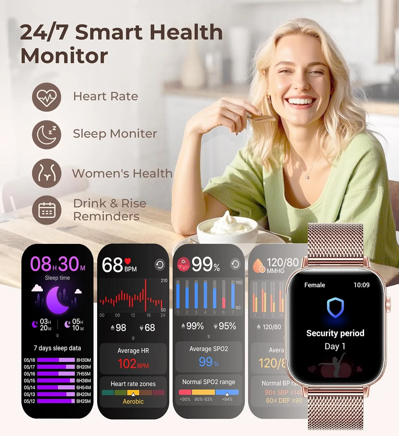 Iaret Smart Watch for Women, 1.83" HD Fitness Tracker with 4 Bands, Answer/Make Calls, Heart Rate/Sleep/SpO2/Step Tracking, 100+ Sport Modes, Android/iPhone Compatible Gift (Rose Gold)