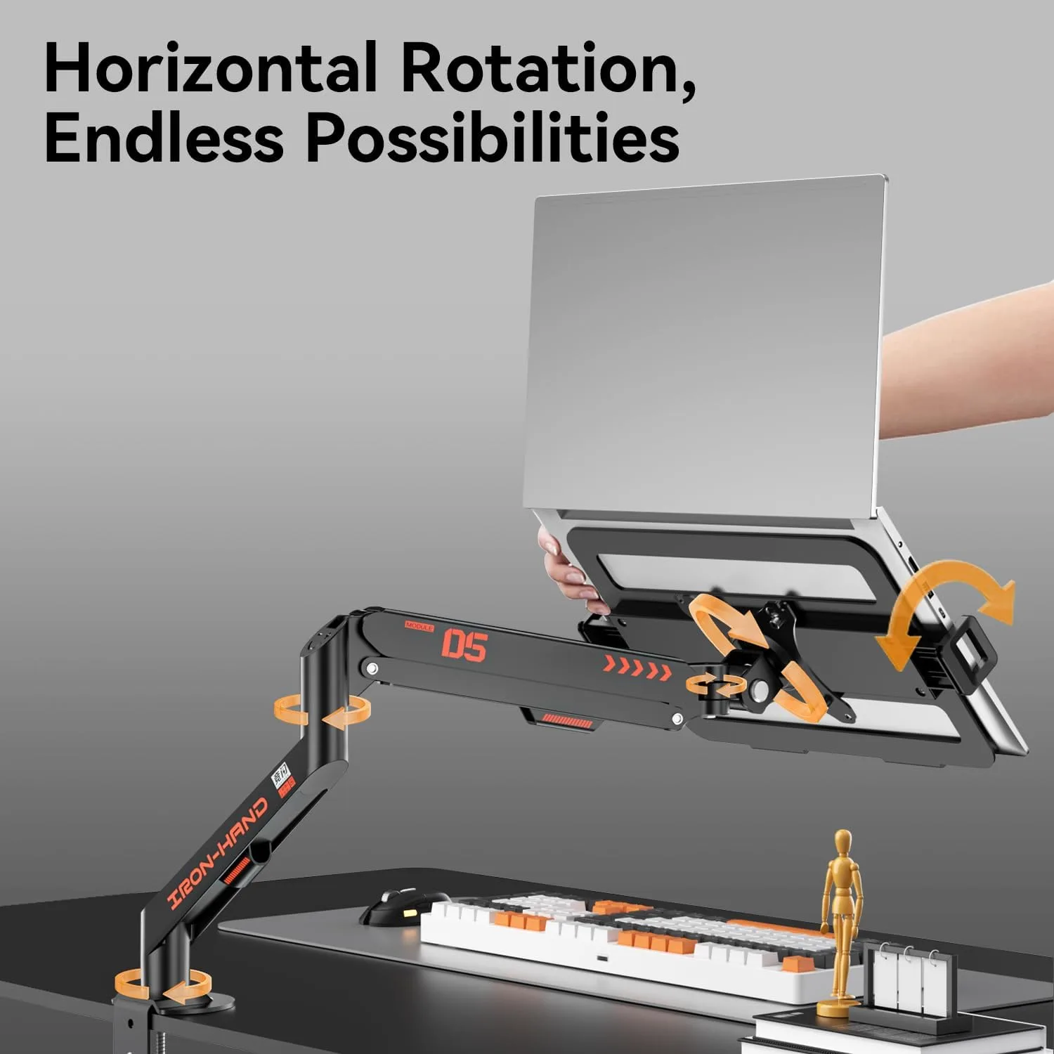 JINRAIKO Laptop Mount for Desk (11.3"-17.3"), 360° Rotating Foldable Laptops Arm Mount with Gas Spring, Heavy Duty Aluminum Adjustable Laptop Stand with Clamp/Grommet (Black)