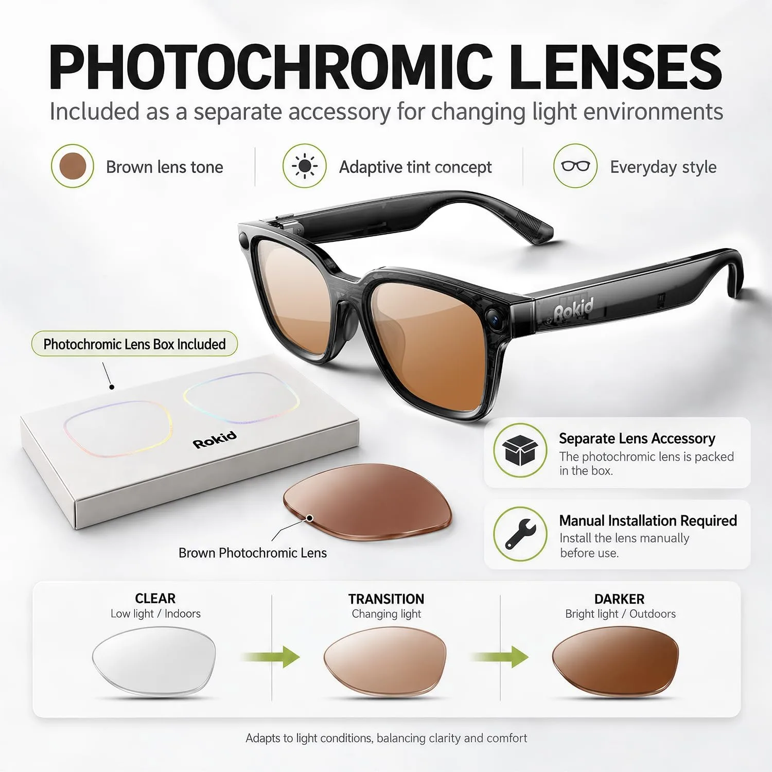Rokid AI Glasses Style Pack with Photochromic Lenses,Camera & Power Capsule