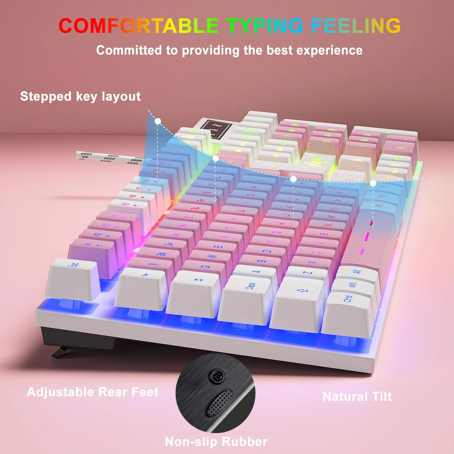 BlueFinger RGB Gaming Keyboard and Backlit Mouse Combo, USB Wired, LED Gaming Set for Laptop PC Computer Game and Work (White & Pink)