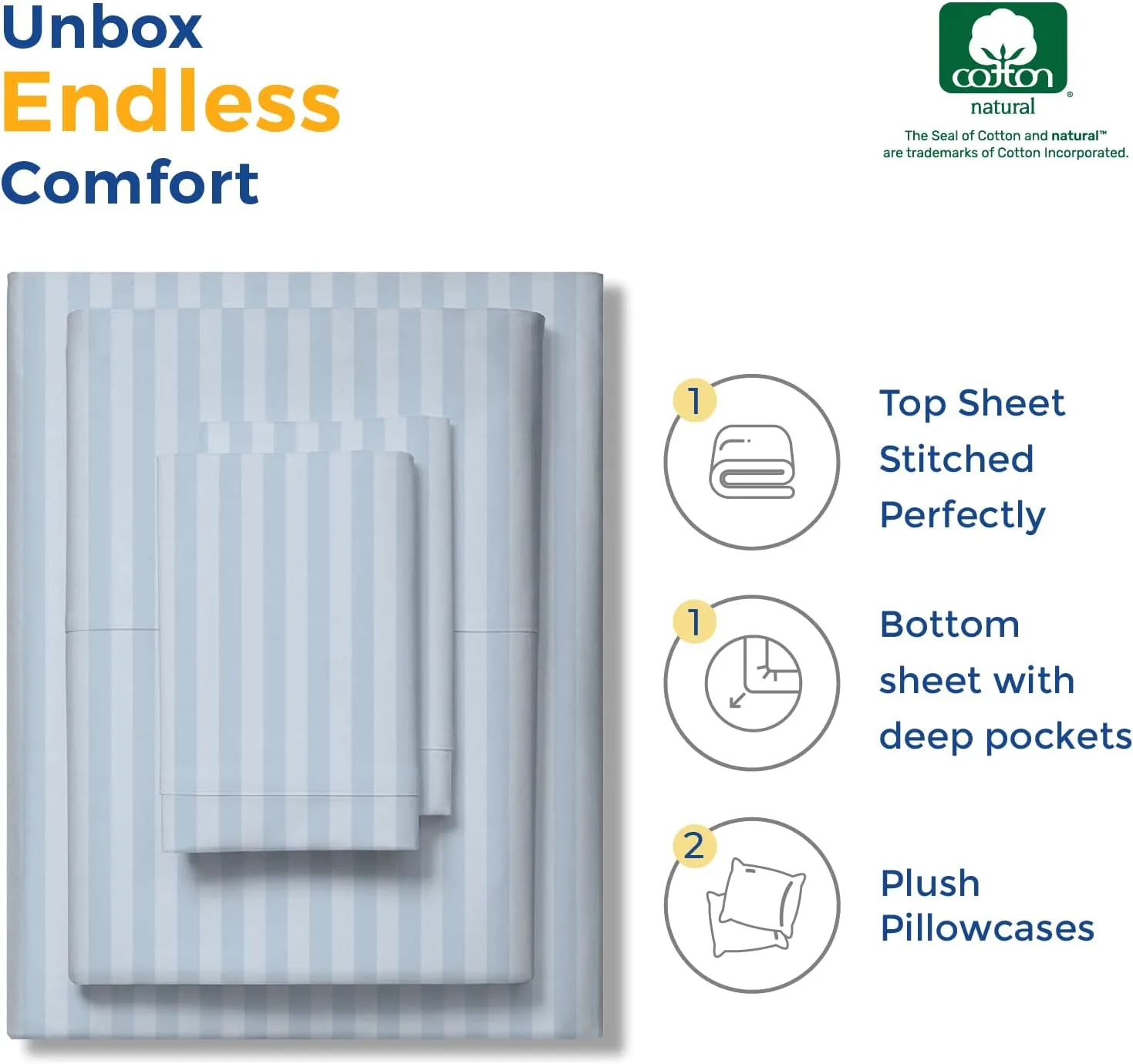 THREAD SPREAD Egyptian Cotton Sheets King Size - Luxury 600 Series King Size Sheets Set (4 PC, Light Blue - Stripe), 16" Deep Pocket All Around Elastic, Soft, Sateen, Durable Hotel Bed Sheet Sets