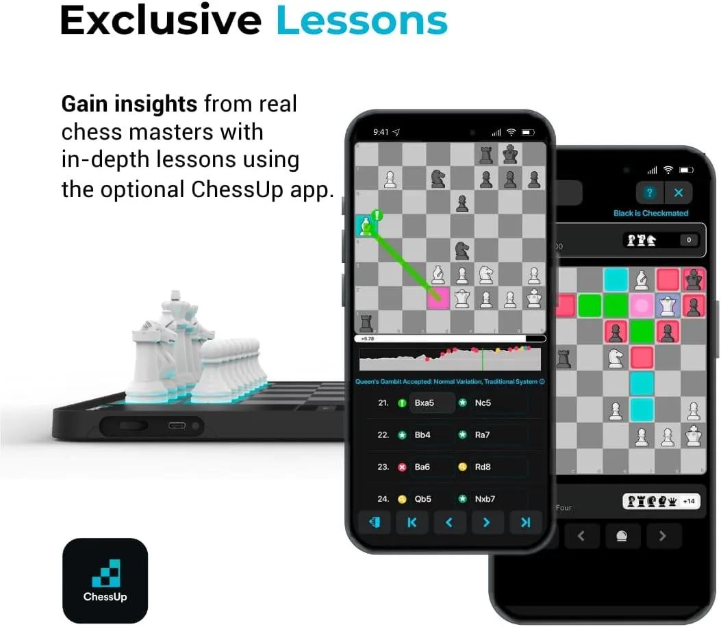 ChessUp 2 - Electronic Chess Board by Bryght Labs - Built-in WiFi, Chess Engine - Includes Chess Set TouchSense Pieces - Light Up Smart Chess Board - with AI, Lessons, Wireless Play & Companion App