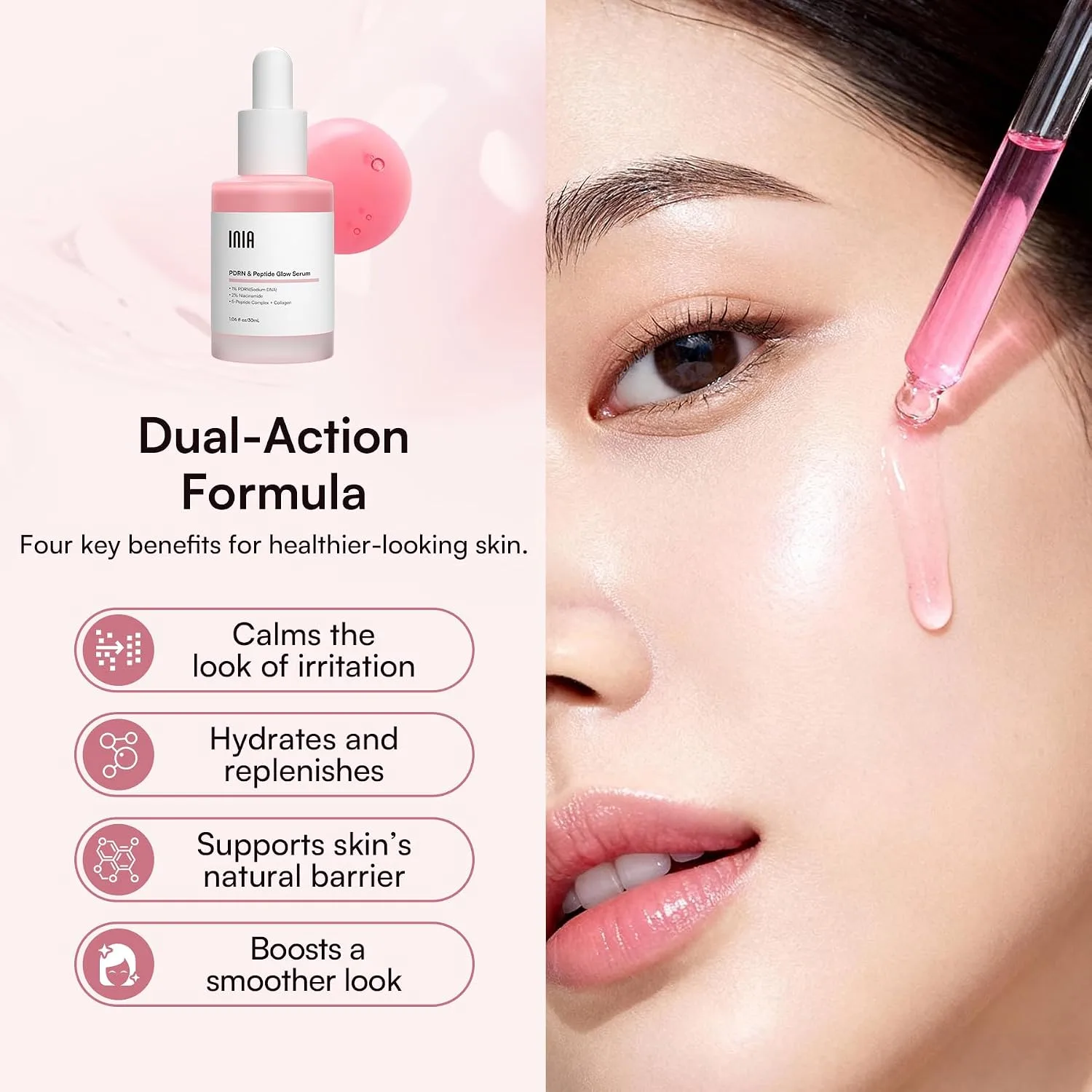 INIA PDRN Pink Peptide Serum for Face with Salmon DNA, 1.06 Fl Oz