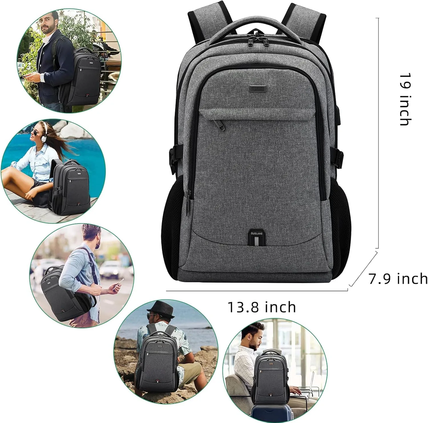 DUSLANG 17 Inch Travel Laptop Backpack Water Resistant College Backpack for Men Laptop Bag with USB Charging Port,Light Grey