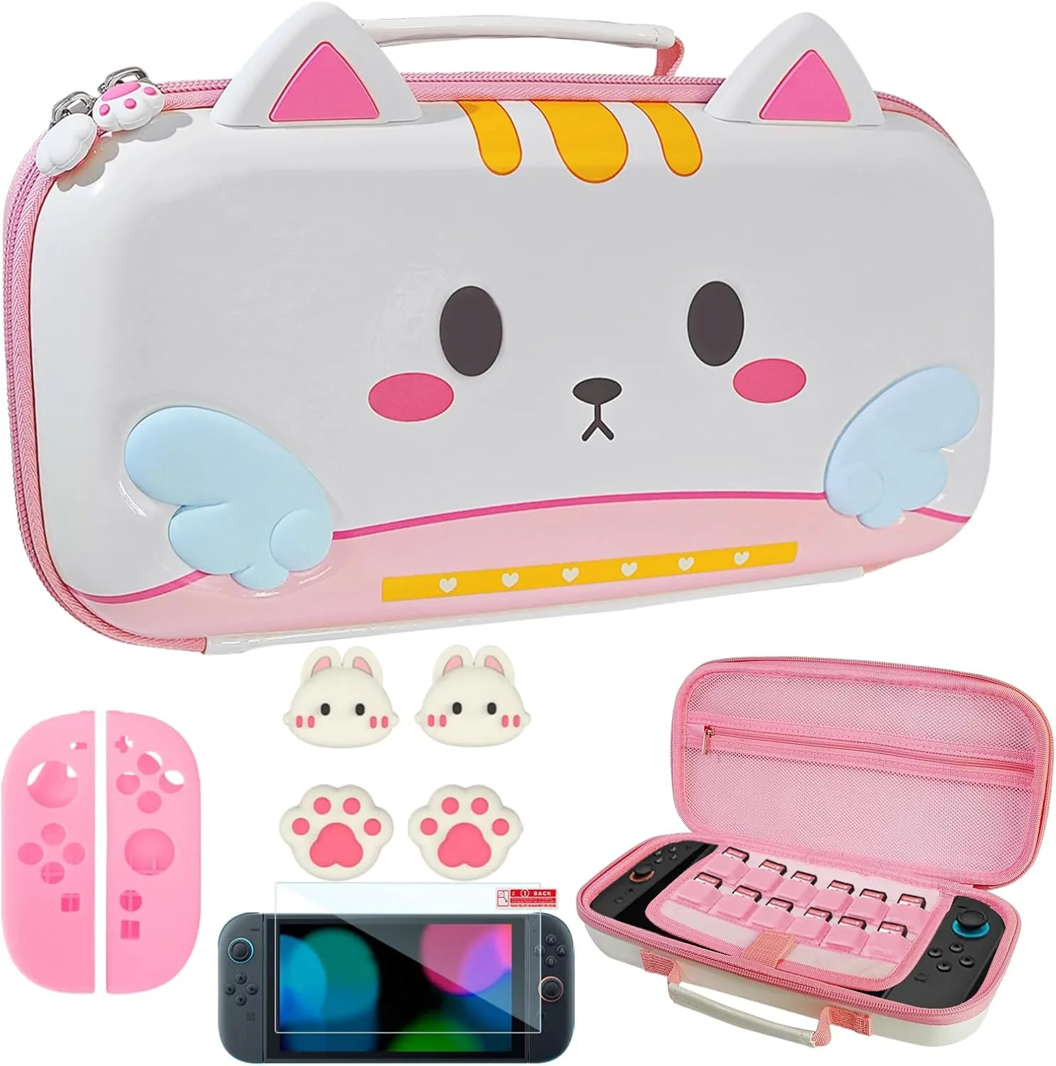 Carrying Case for Nintendo Switch 2, Cute Cat Design with Handle for Switch 2 2025 Travel Cases with Pink Silicone j-con Covers, Kawaii Thumb Grip Caps, Screen Protector for Girls Women Teens