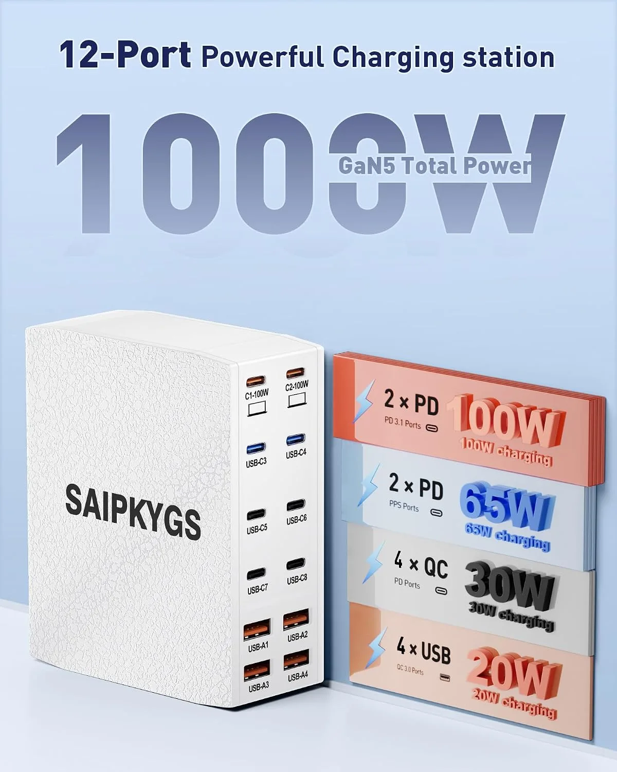 1000W USB Charging Station,12-Port USB C Charger Block with Dual 100W PD