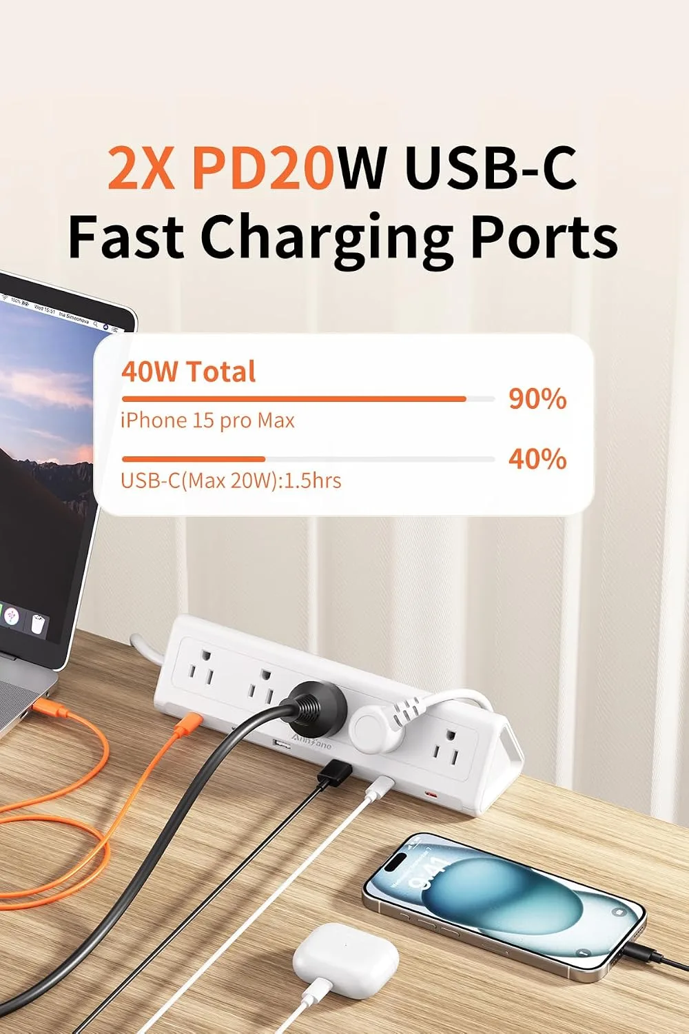 AnnTane Desk Clamp Power Strip USBC, 40W Fast Charging, 6.5 Ft, White
