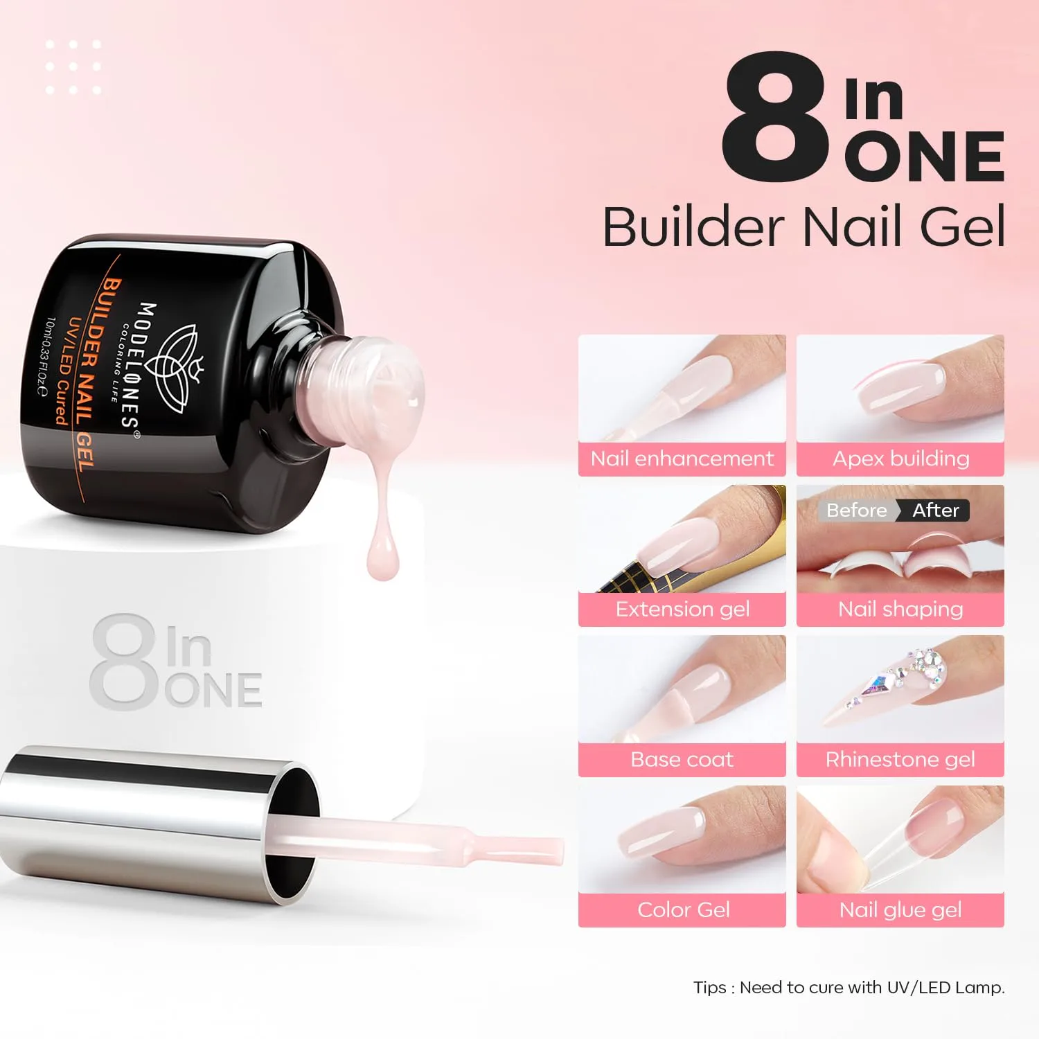 modelones Base Coat Builder Nail Gel, 2 Pcs Cover Nude and Rose Pink Gel