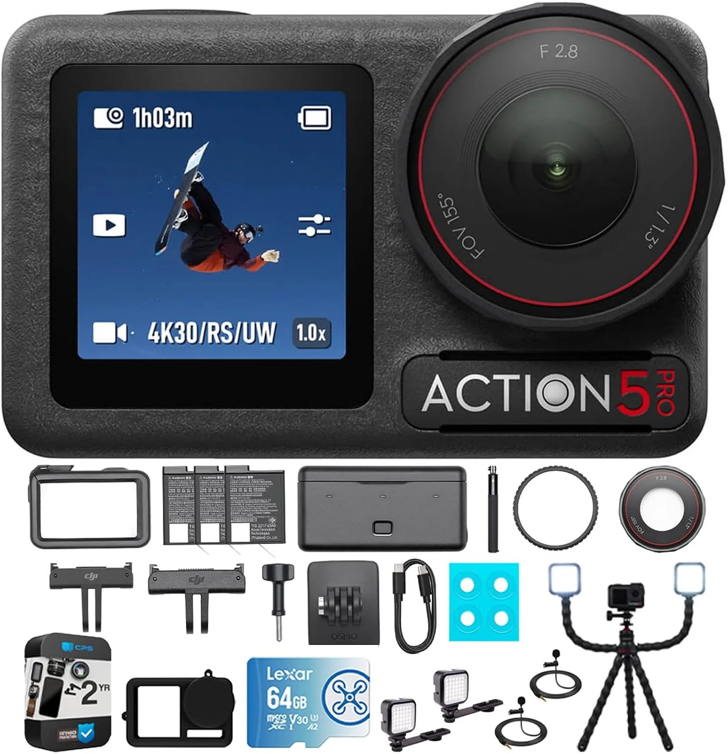 DJI Osmo Action 5 Pro Adventure Combo, 4K Video Bundle with Vlogging Tripod, 64GB Card, Silicone Protective Case, 2X LED Light, 2X Clip-On Mini Lapel Microphone & 2 YR CPS Enhanced Protection Pack