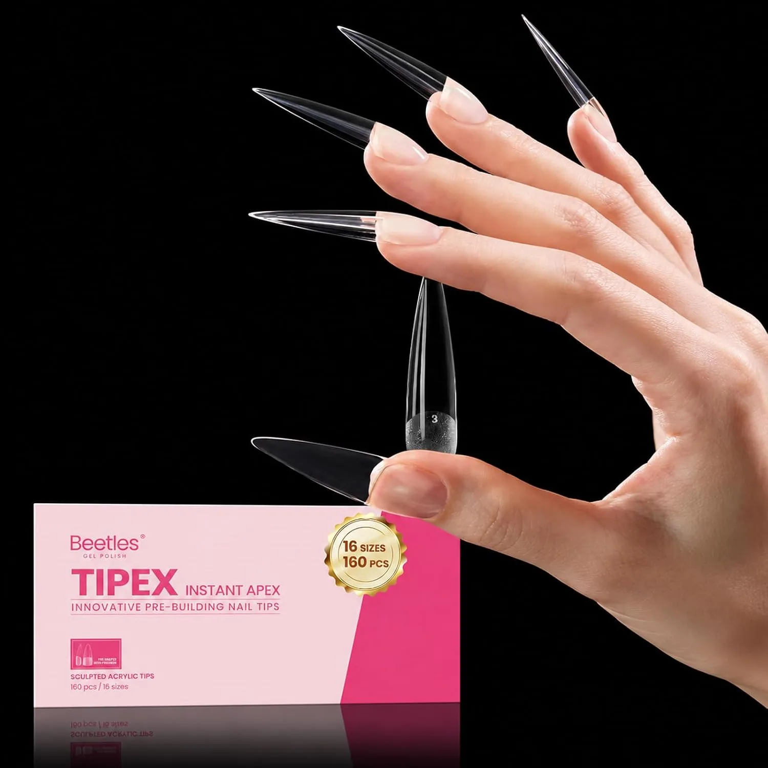 Beetles Tipex Instant Apex Nail Tips, XL Stiletto, 160pcs 16 Sizes(00-14)