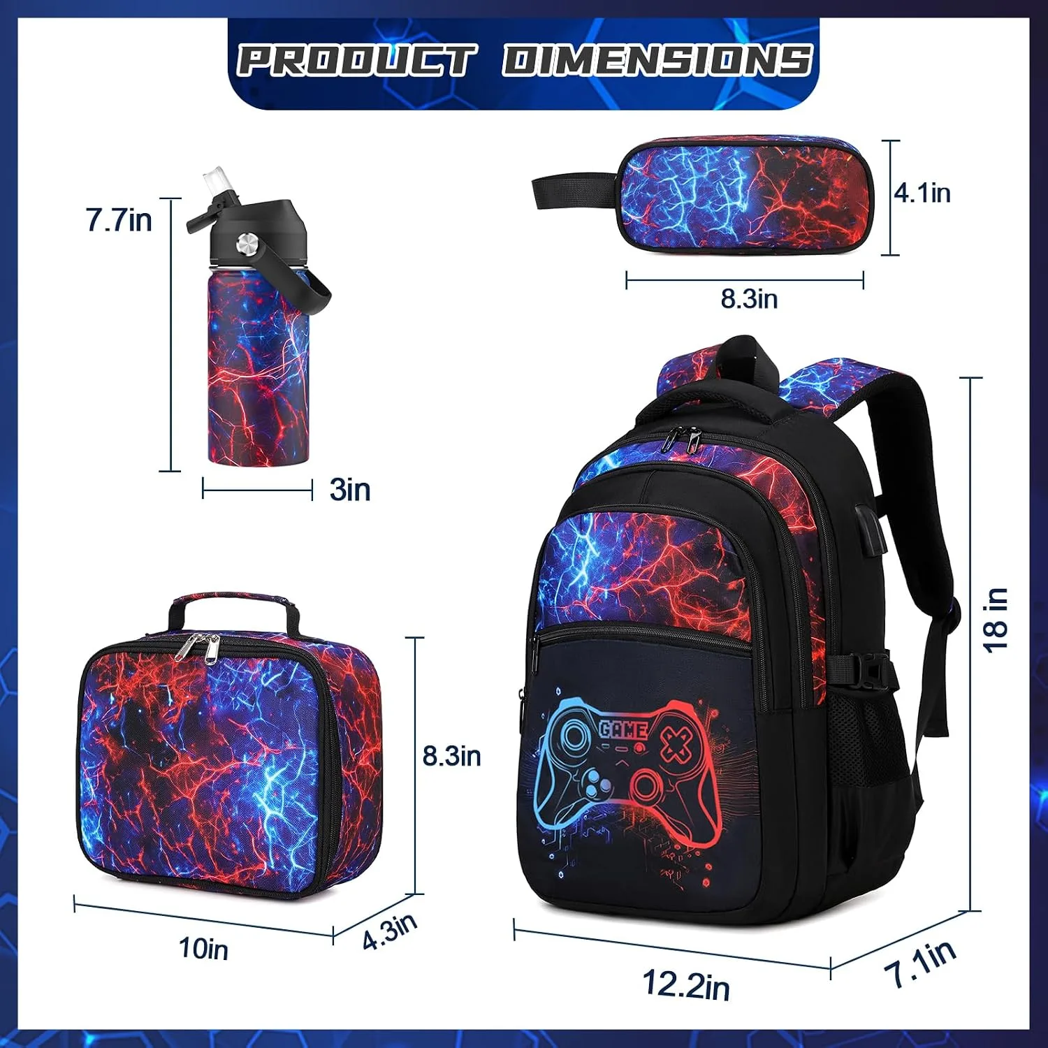 DIGOBAY Boys Backpack for School, 6PCS Cool Luminous Gamer Backpack for Boys with 14oz Insulated Water Bottle Lunch Box Pencil Case, Kids Backpacks Bookbag for Teen Boys Elementary Middle High School