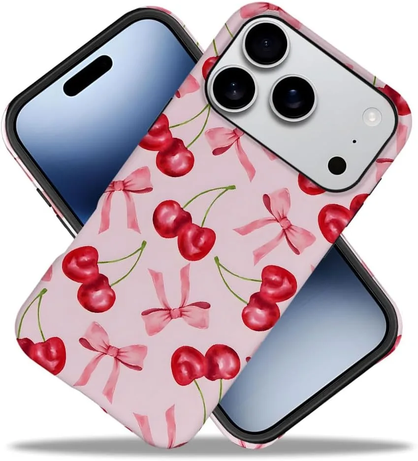 Case Compatible with iPhone 18 Pro/iPhone 17 Pro,Fall Prevention Hybrid 2-Layer Hard Shell Phone Cover for Girls Boys,Pink Bow Cherry Ribbon Fruit