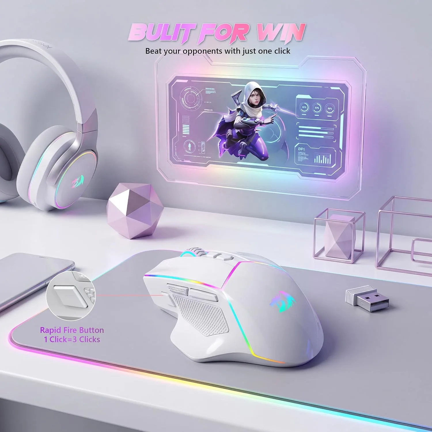 Redragon Wireless Gaming Mouse, Tri-Mode 2.4G/Bluetooth/USB-C, 7 Programmable Buttons, Tactile Rapid Fire Key, 24000 DPI RGB Ergonomic Mouse for PC Windows Gaming & Work, M814W