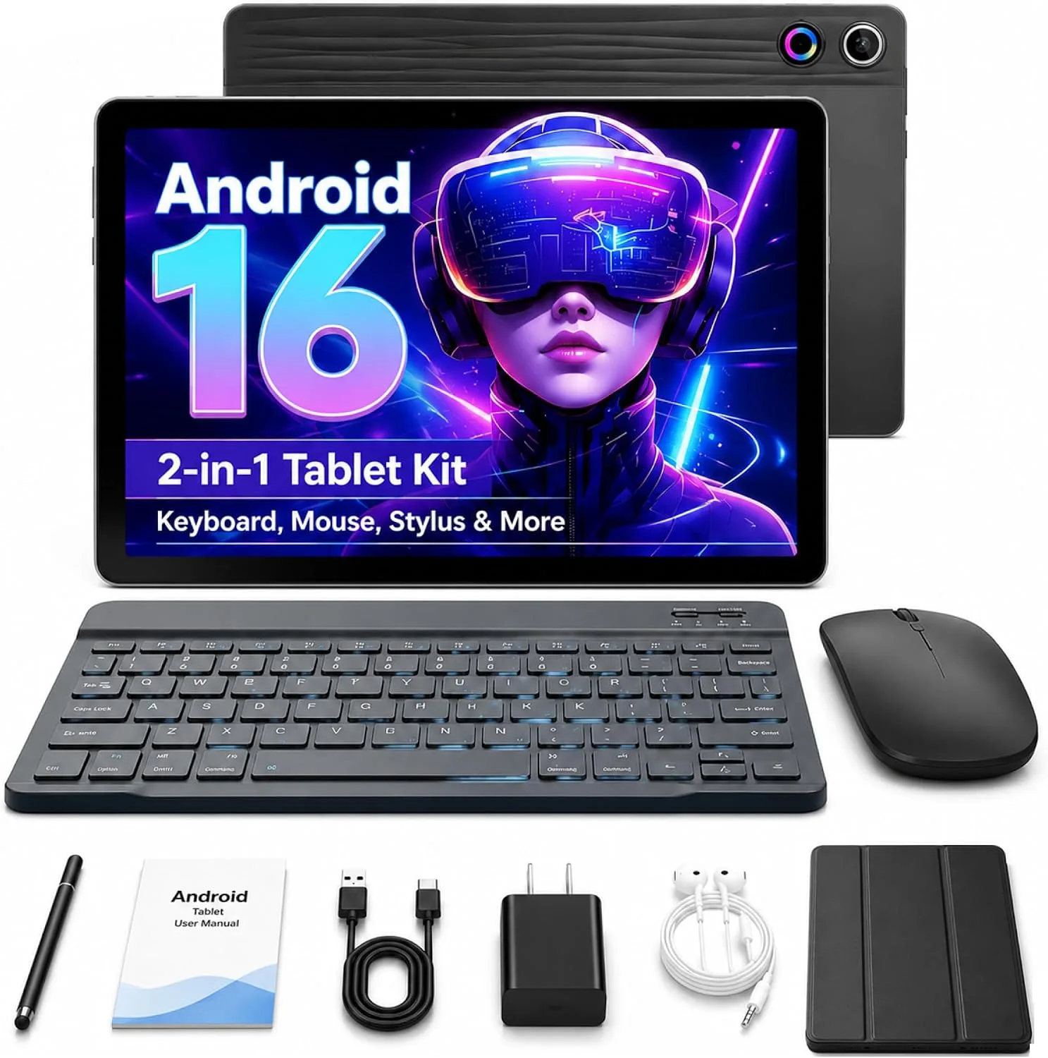 Jeazans Android 16 Tablet 10.1 Inch, 2-in-1 Tablet Bundle with Keyboard