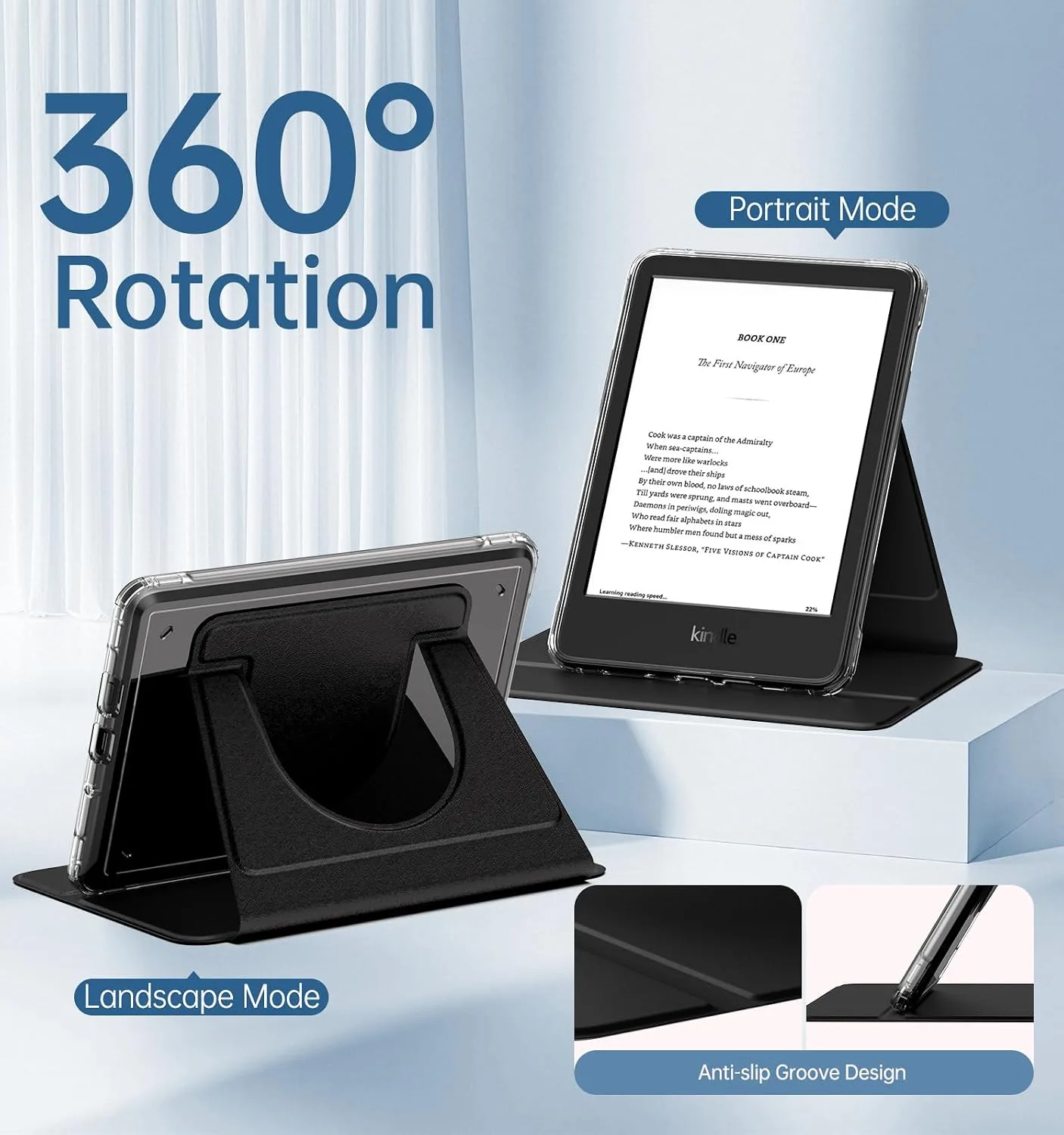MoKo 360°Rotating Case for 6" Kindle Basic 11th Generation 2024/2022, Black