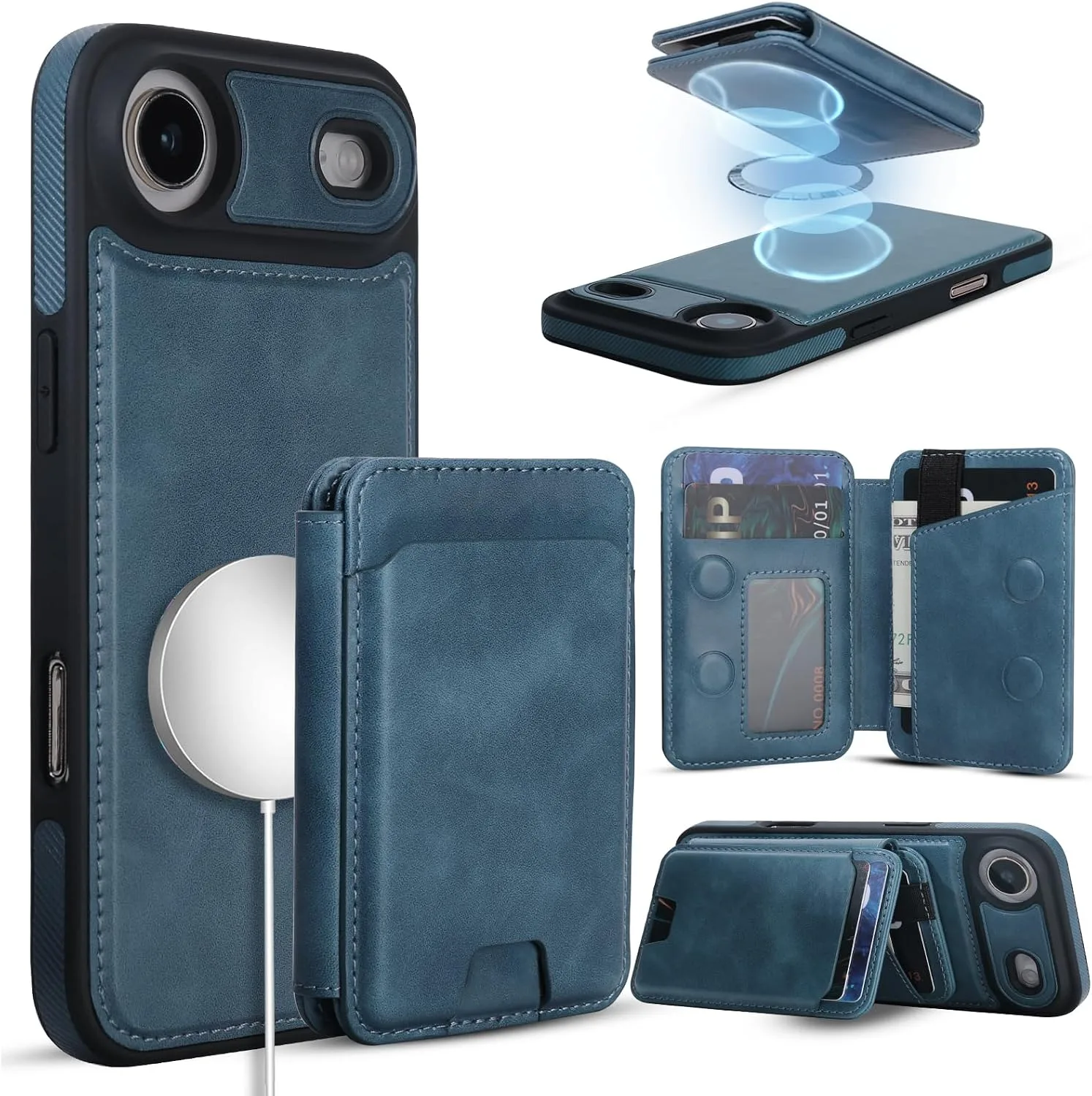 Magnetic Detachable Wallet Case for iPhone 17 Air with Kickstand,2-in-1 MagSafe Compatible RFID Blocking Card Holder,Slim PU Leather Cover Blue
