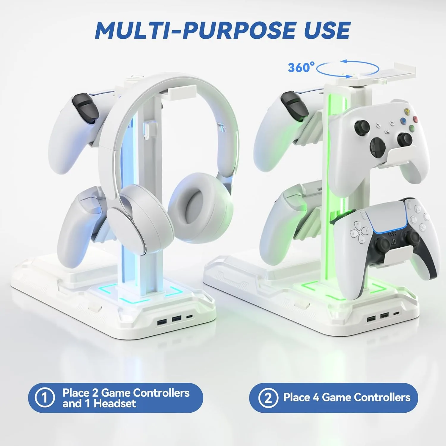 KDD RGB Headphone & Controller Stand with Wireless Charging - Rotatable Headset Stand with 9 Light Modes - Controller Holder with 2 USB and Type C Ports - for Gamers Desktop Accessories(White)