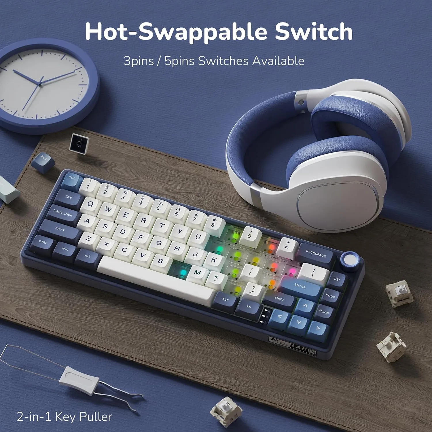 RK ROYAL KLUDGE R65 Wired Gaming Keyboard with Volume Knob, 60% Percent RGB Backlit Mechanical Keyboard Gasket Mount with PBT Keycaps, MDA Profile, QMK/VIA, 66 Keys Hot Swappable Cream Switch, Blue