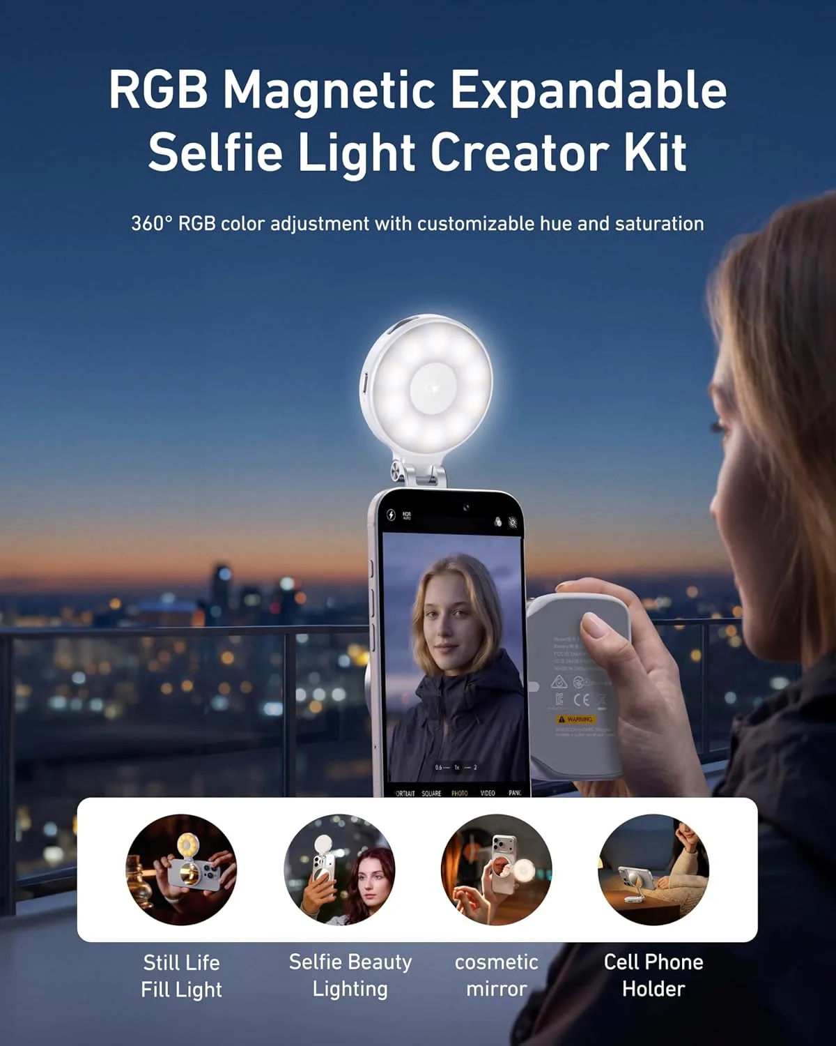 TELESIN Fun Shot Magnetic Phone Camera Grip + 4 in 1 Magnetic RGB Selfie Light(White) Bundle Kit Compatible with iPhone Magsafe & Android, Creator Kit for Selfies/Photography/TikTok/Zoom Calls/Video