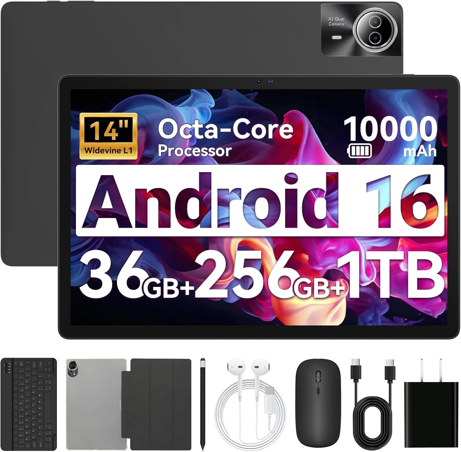 URAO Tablet｜14 inch Android 16 Tablet｜36GB RAM 256GB ROM ｜1920 * 1200 IPS FHD｜10000mAh 30W Fast Charging｜Octa-core Processor｜Wi-Fi 6, BT 5.4｜Dual Camera with Gemini AI｜Keyboard｜Stylus｜Case｜Headphone
