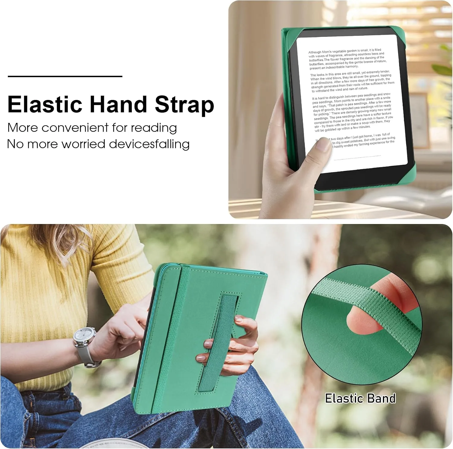 HoYiXi Universal Case for 6 inch Kindle eReader Compatible with Paperwhite(2015/2018)/Pocketbook and Tolino/Kobo Clara HD,6" eReader Protective Case Cover Elastic Rope,Green