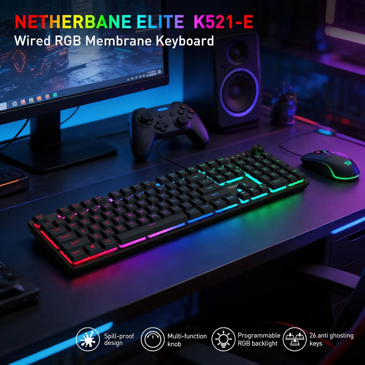 Redragon K521-E Gaming Keyboard with Knob, RGB 104 Keys Wired Keyboard