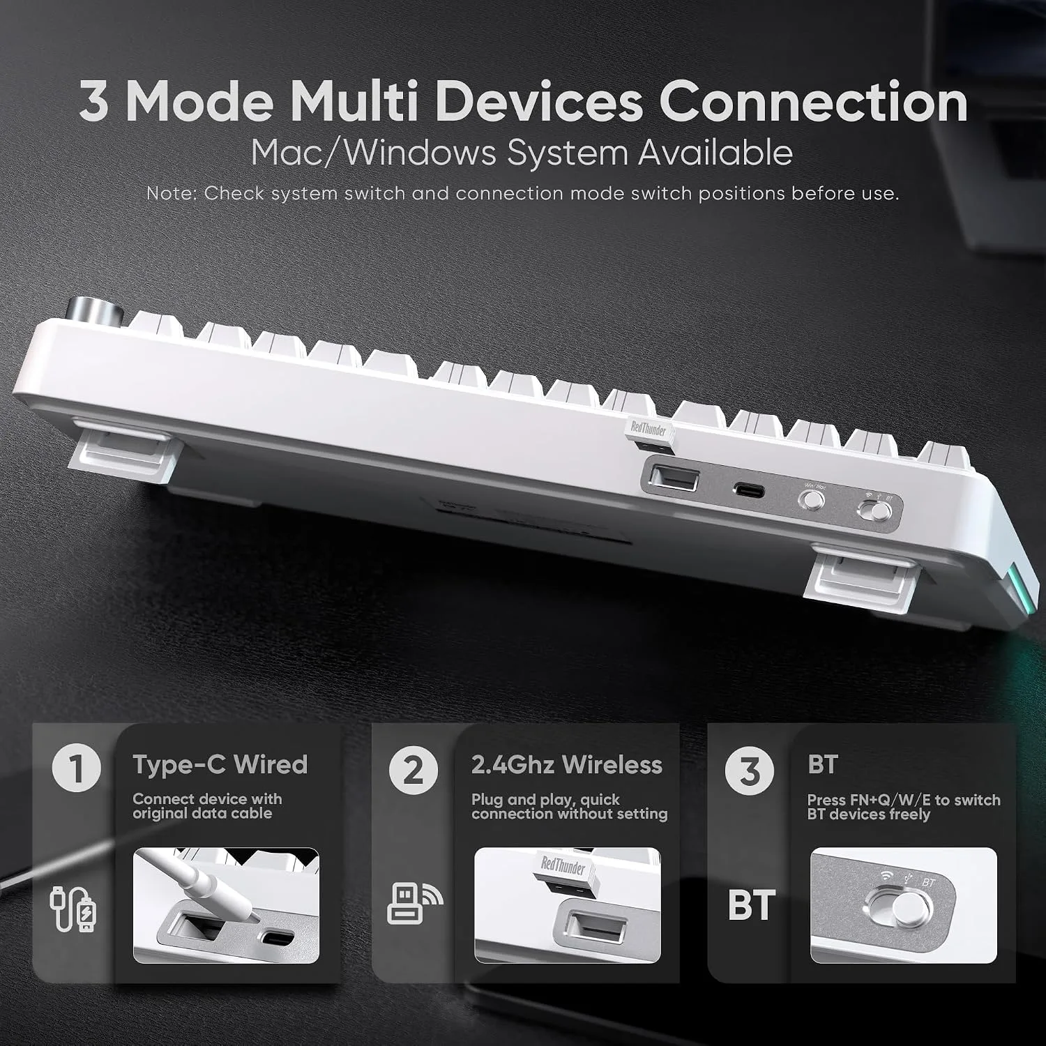 RedThunder K75 Wireless Mechanical Keyboard, CNC Knob, Tri-Mode BT5.0/2.4GHz/USB-C Hot Swappable Custom, Pre-lubed Linear Coconut Switches, Gasket Structure, RGB Gaming Keyboard, White Contour Lines