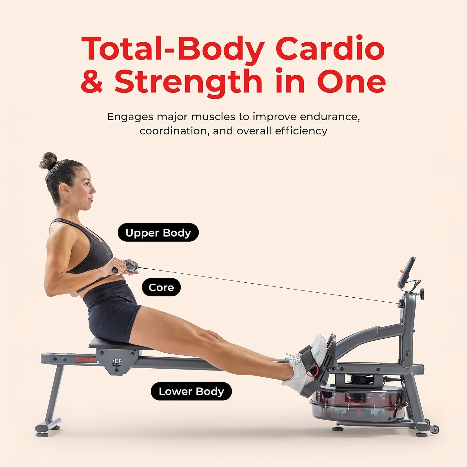 Sunny Health & Fitness Premium Water Rower w/Intensive Dynamic Real-Time Resistance, 300 LB Capacity Flip-able Rowing Machine for Home Training, Optional Free SunnyFit App Connection