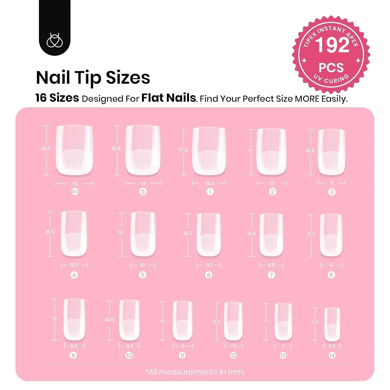 Beetles Tipex Instant Apex Nail Tips, Short Square, 192pcs 16 Sizes(00-14)