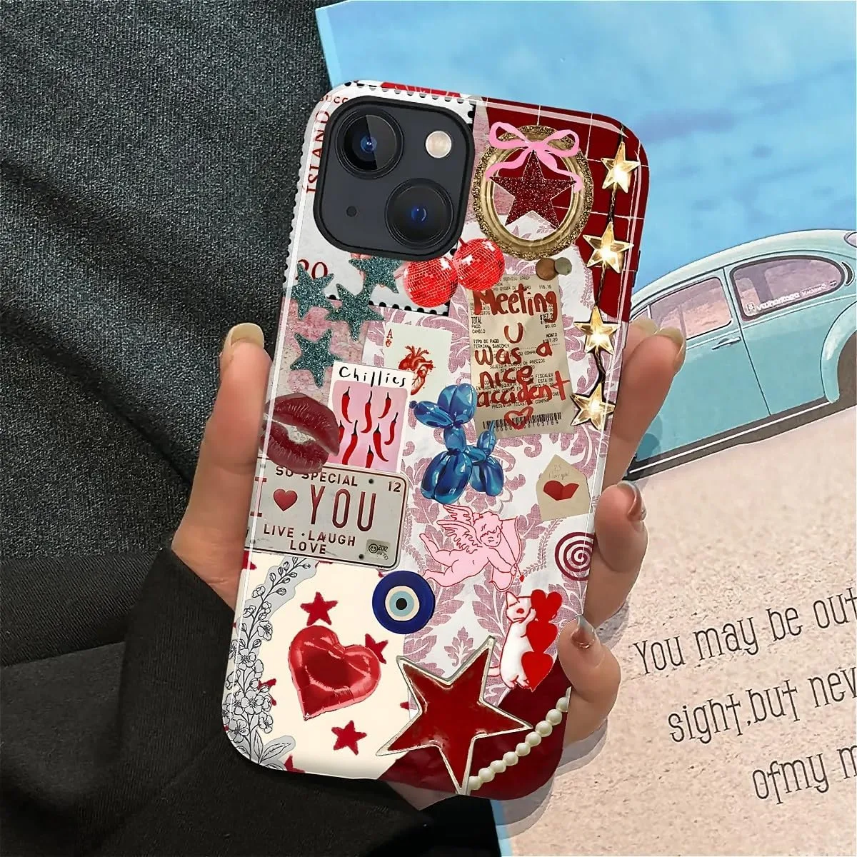 DAIZAG Case for iPhone 15 Plus,Mixed 2 Layer Design Shockproof Soft TPU Ddouble Protection Phone Case for iPhone 15 Plus-Conch Red Pearl Collage