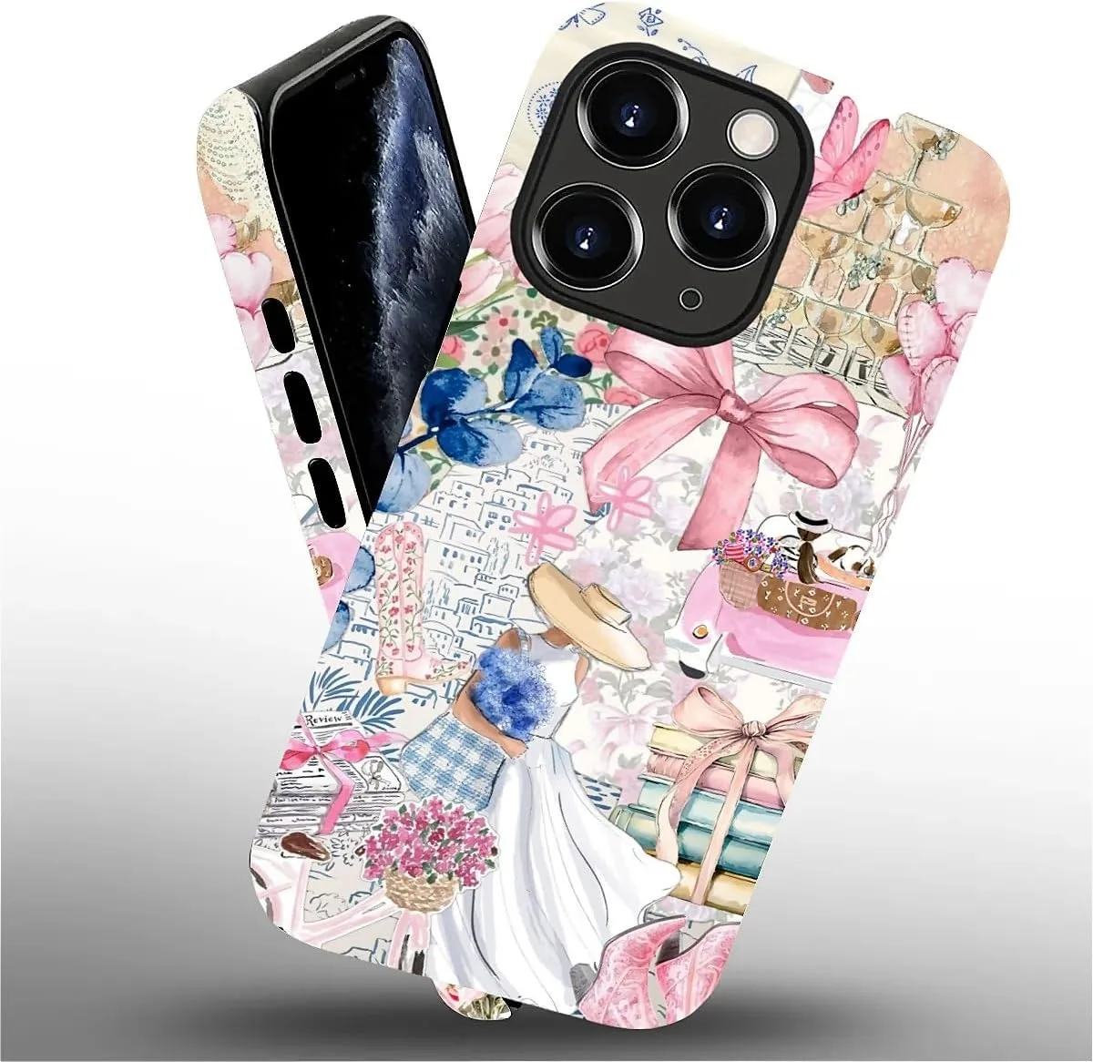 DAIZAG Case for iPhone 11 Pro Max,Mixed 2 Layer Design Shockproof Soft TPU Ddouble Protection Phone Case for iPhone 11 Pro Max-Magazine Books Flower Bow Collage