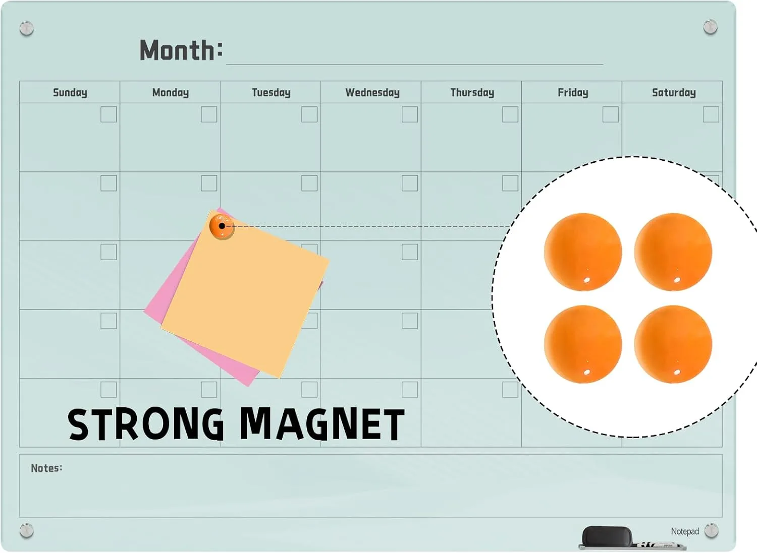 Magnetic Glass Dry Erase Board Calendar- White Board 48 x 36 Inch Wall Mounted Monthly Whiteboard, Large Frameless Glass White Board for Wall Office, Home & School