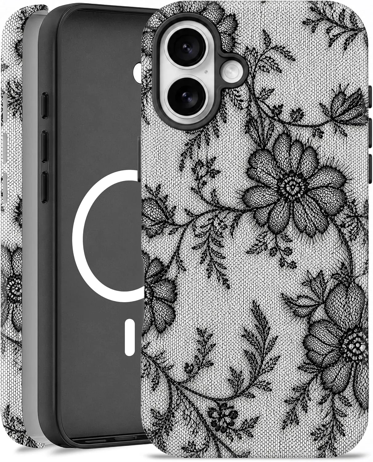 Magnetic for iPhone 17 Black Lace Phone Case, Floral and Flower