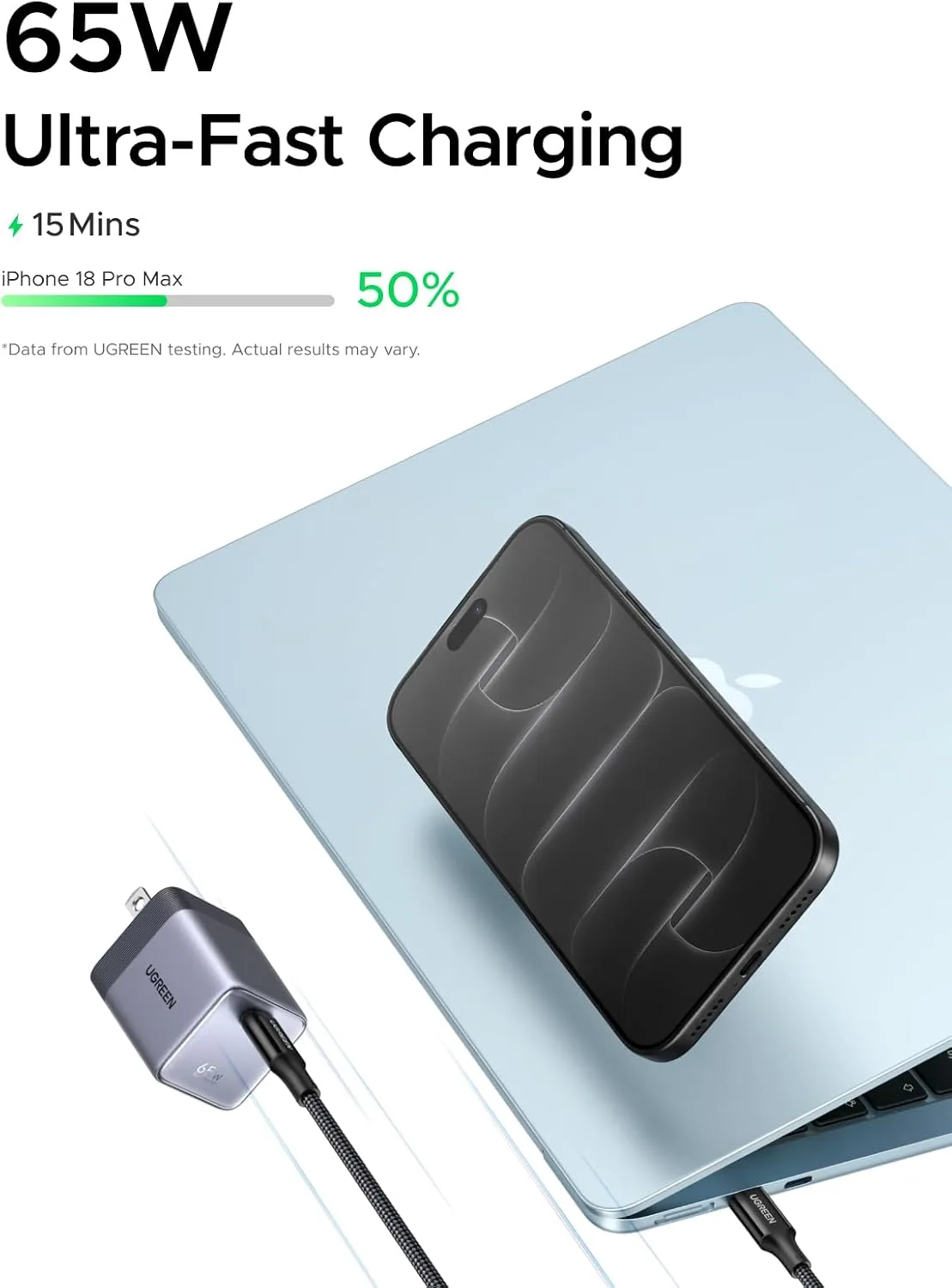 UGREEN Nexode Air 65W USB C GaN Charger Block with 3.3ft Cable, Black