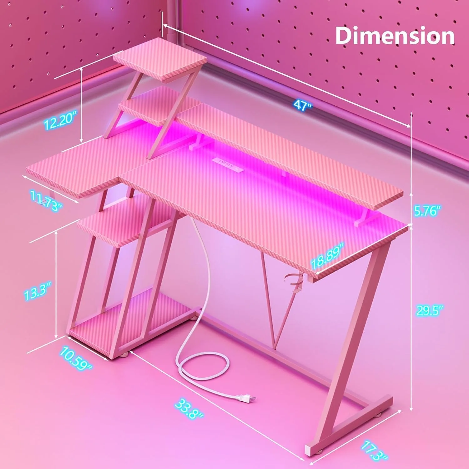 Korfile 40 Inch Gaming Desk with LED & Power Outlet, Carbon Fiber Pink