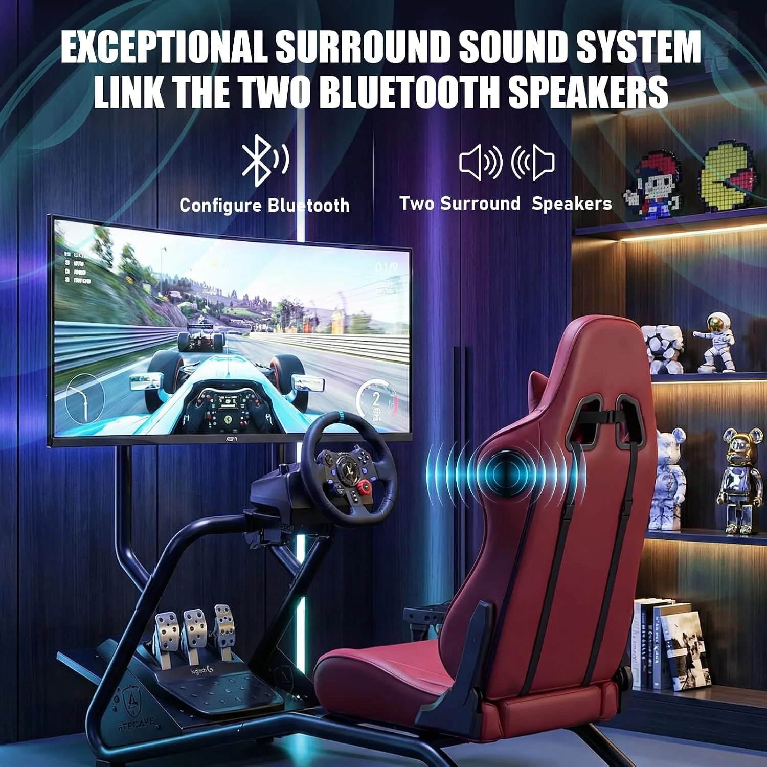 GTPLAYER Racing Simulator Cockpit with Monitor Stand and Seat and Bluetooth Speakers, Racing Style Reclining Seat and Ultra-Sturdy Alloy Steel Frame Racing Wheel Pedals NOT Included, Winered