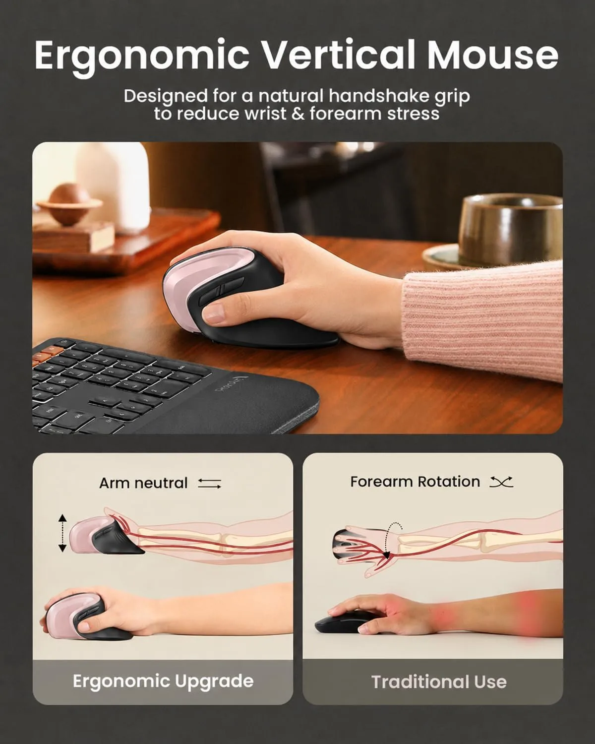 ProtoArc EM11 NL Wireless Ergonomic Mouse, Rechargeable, Black Pink