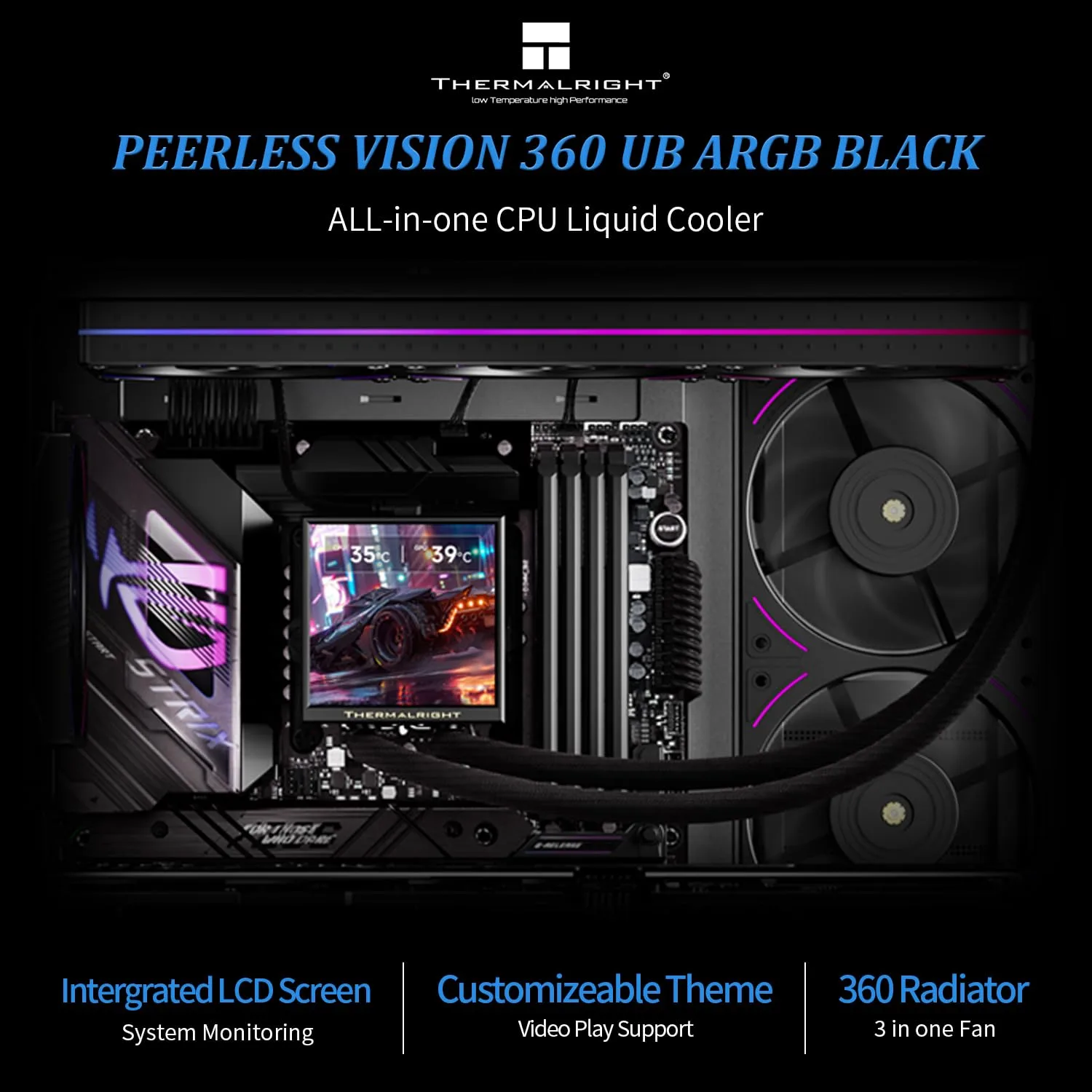 Thermalrlght Peerless Vision 360 UB ARGB Black CPU Water Cooler,3 PWM Fans-Inline,IPS LCD Screen with 480x480 Resolution,for Intel LGA1851/1700,AM4/AM5,CPU Liquid Cooler,3.95-inch Display, Black
