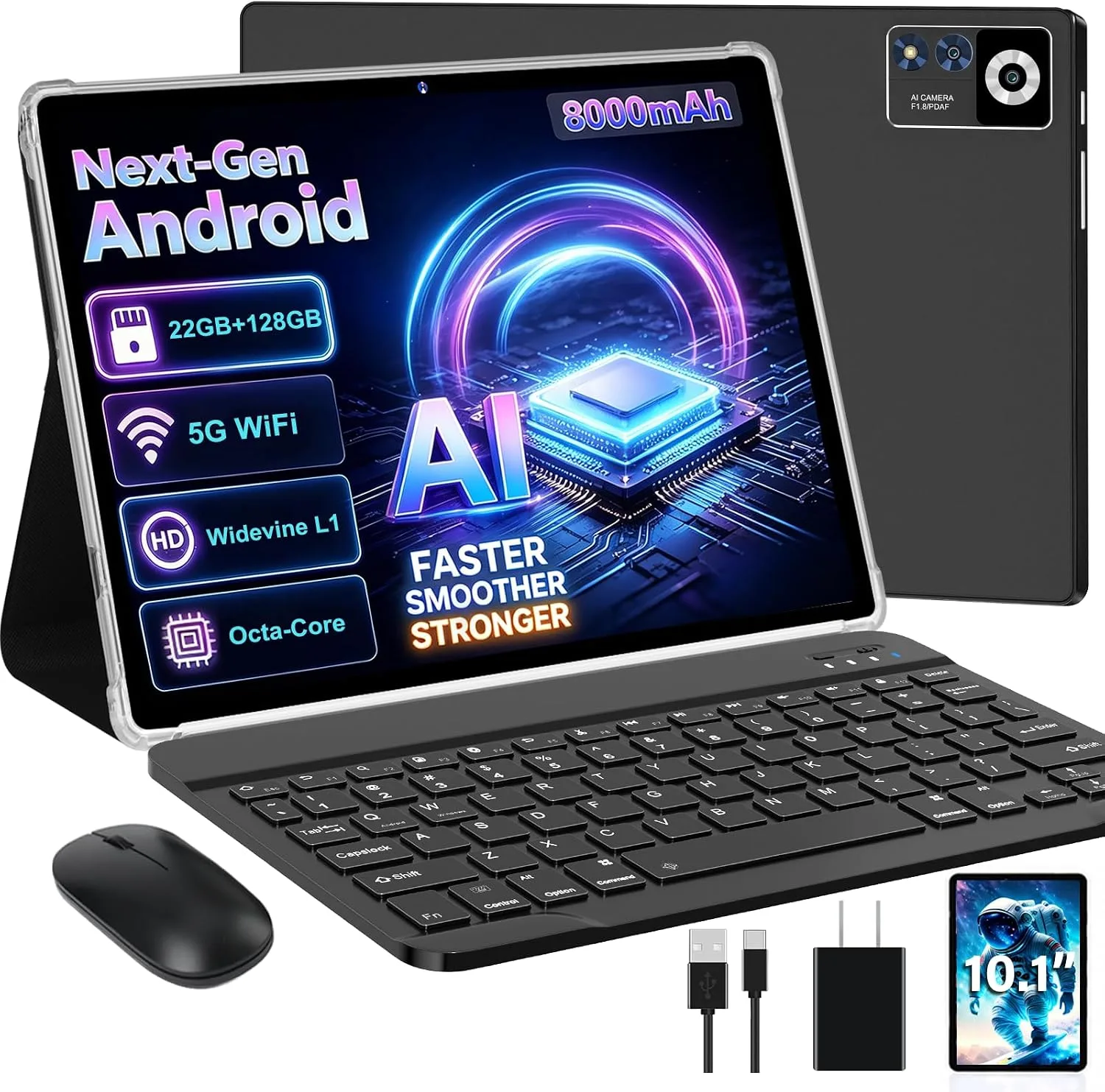 ZIOVO Android Tablet 22GB RAM 128GB ROM 1TB Expand, 10.1 inch 8000mAh Octa-Core Tablet with Keyboard & Mouse, GPS, Widevine L1, HD IPS Display, 5G Wi-Fi, Bluetooth 5.0, Split Screen -Metal Black