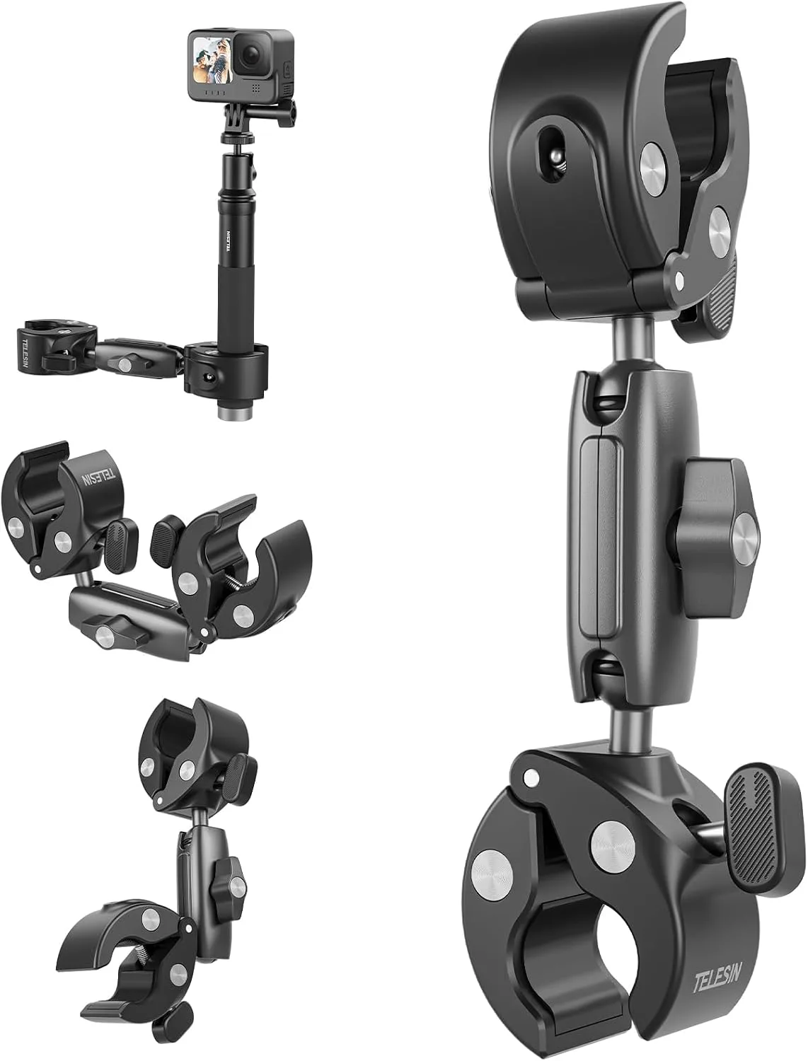TELESIN 360 Dual Ball Clamp Mount, Bike Bicycle Motorcycle Handlebar Stick Pole Mount Holder Accessories for DJI Action 6/5/4/3, GoPro Mission 1 PRO, Hero 13 12, Insta360 Luna Ultra 360 X5, Xtra Muse