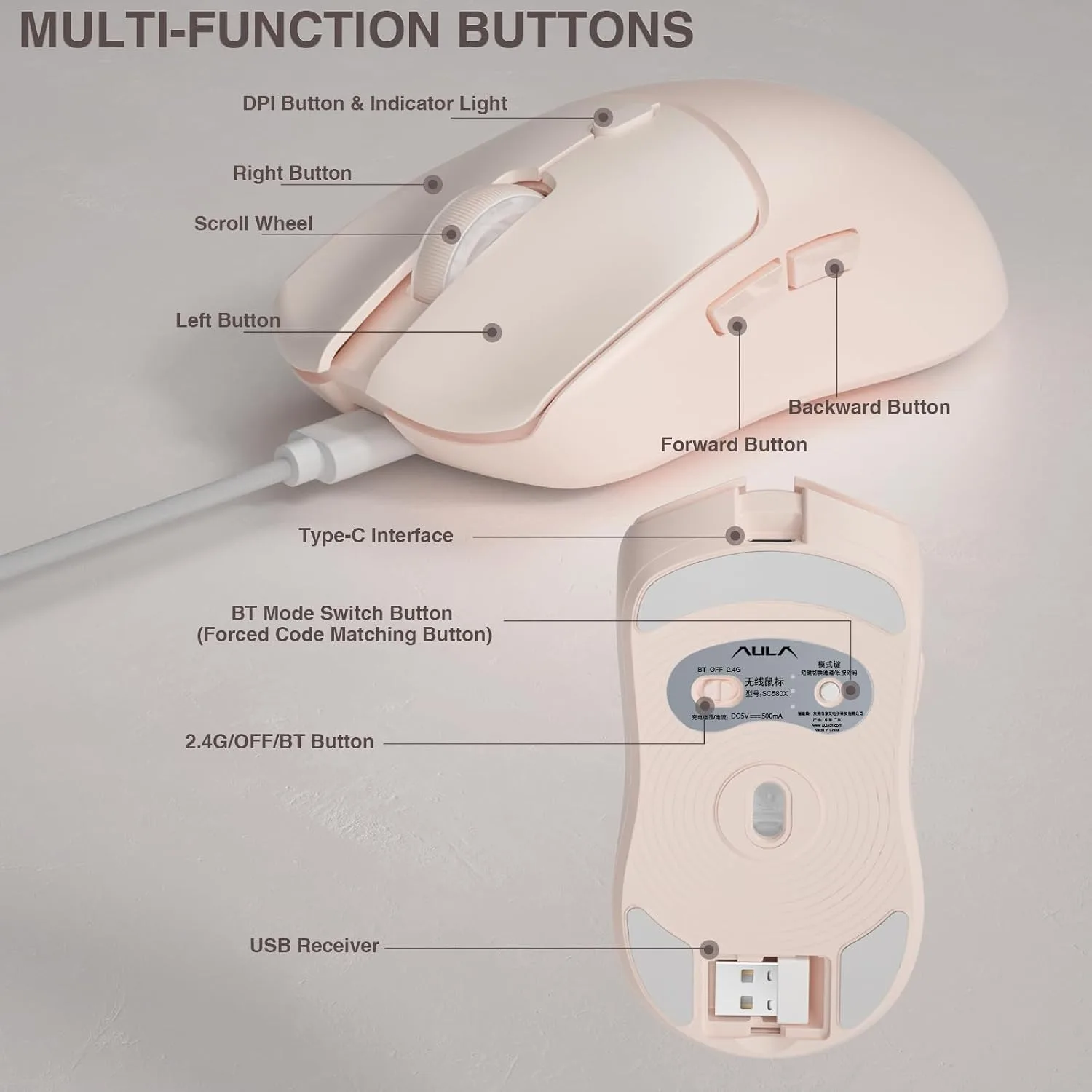 AULA SC580X Wireless Gaming Mouse, Tri-Mode Gaming Mice & 12000 DPI