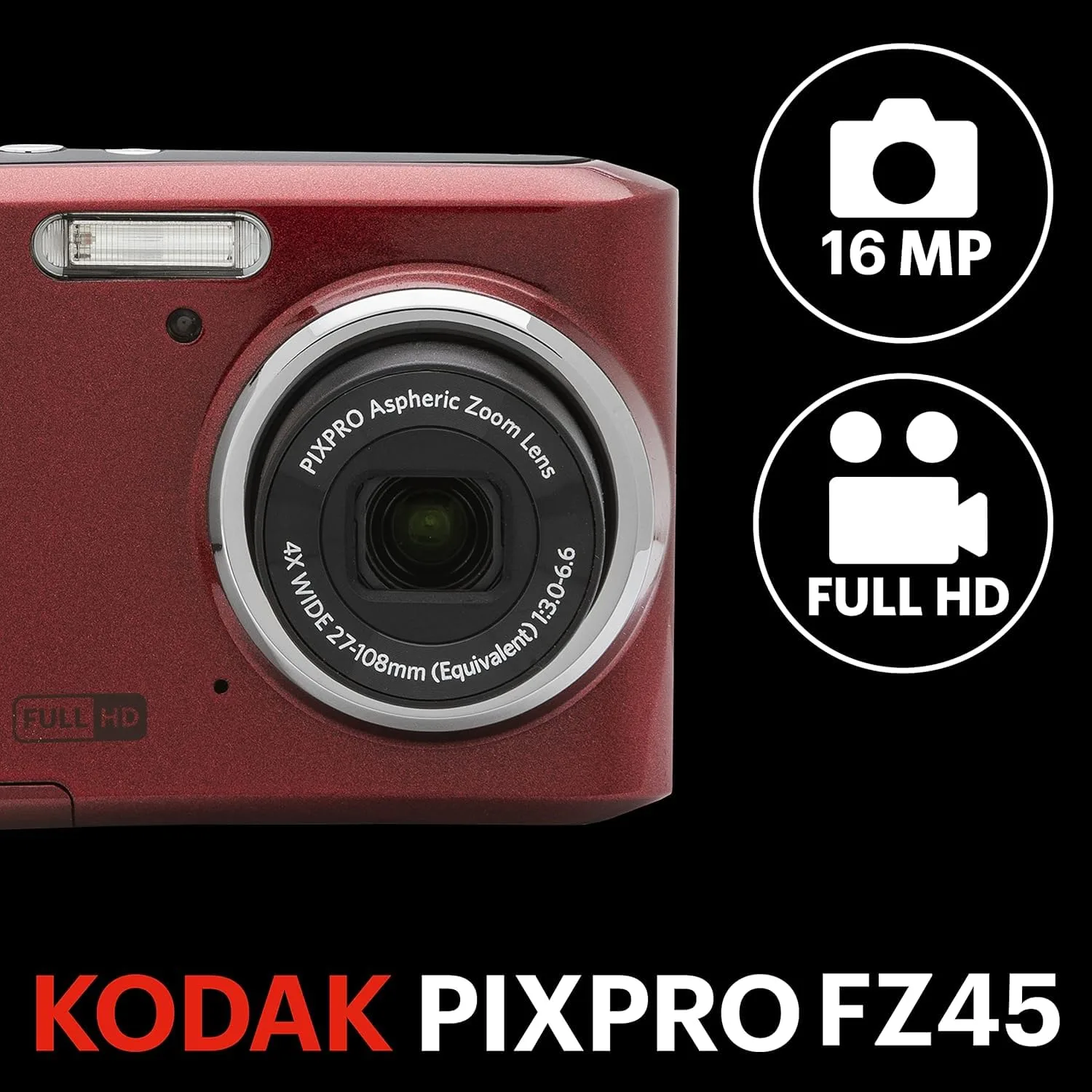 PixPro KODAK PIXPRO FZ45 16MP Compact Digital Camera, 4X Optical Zoom, AA, Red