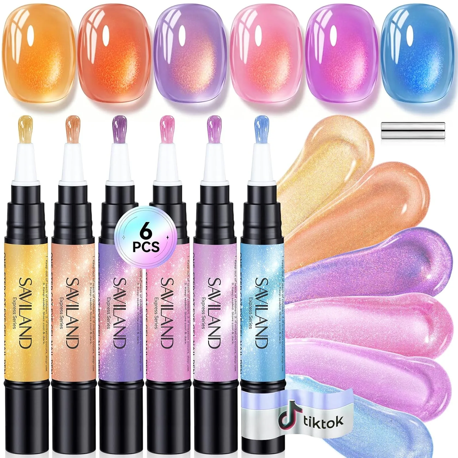 SAVILAND Cat Eye One Step Gel Nail Polish Pen, 5 in 1 One Step Gel 6 Colors