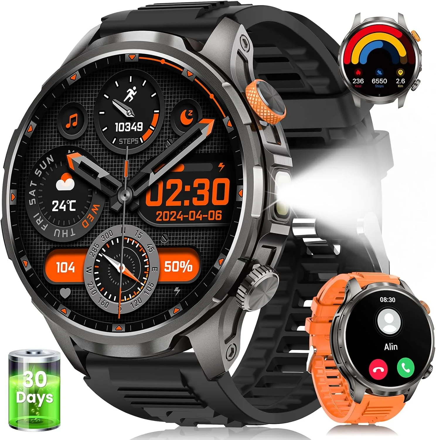 Military Smartwatch for Men 1000mAh Fitness Tracker Rugged Men Watch 2Bands