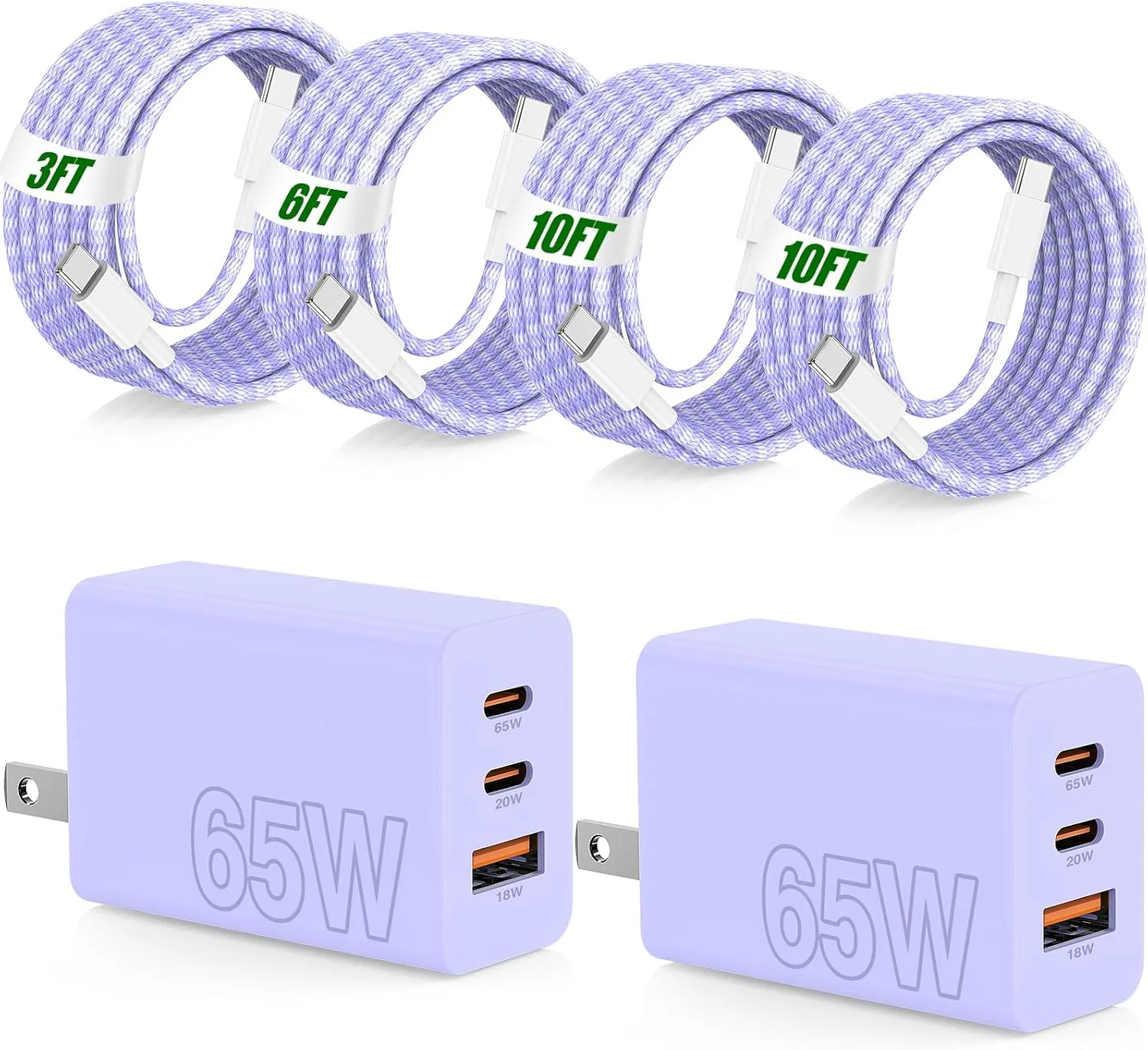 65W Super Fast Charger Type C for Samsung,3 Port 100W Quick Charging 3.0 USB C Block & 3/6/10/10FT Braided Type C Cord for Samsung Galaxy S26 Ultra/S26/S25 Ultra/MacBook Air/iPhone 17 18 Pro-Purple